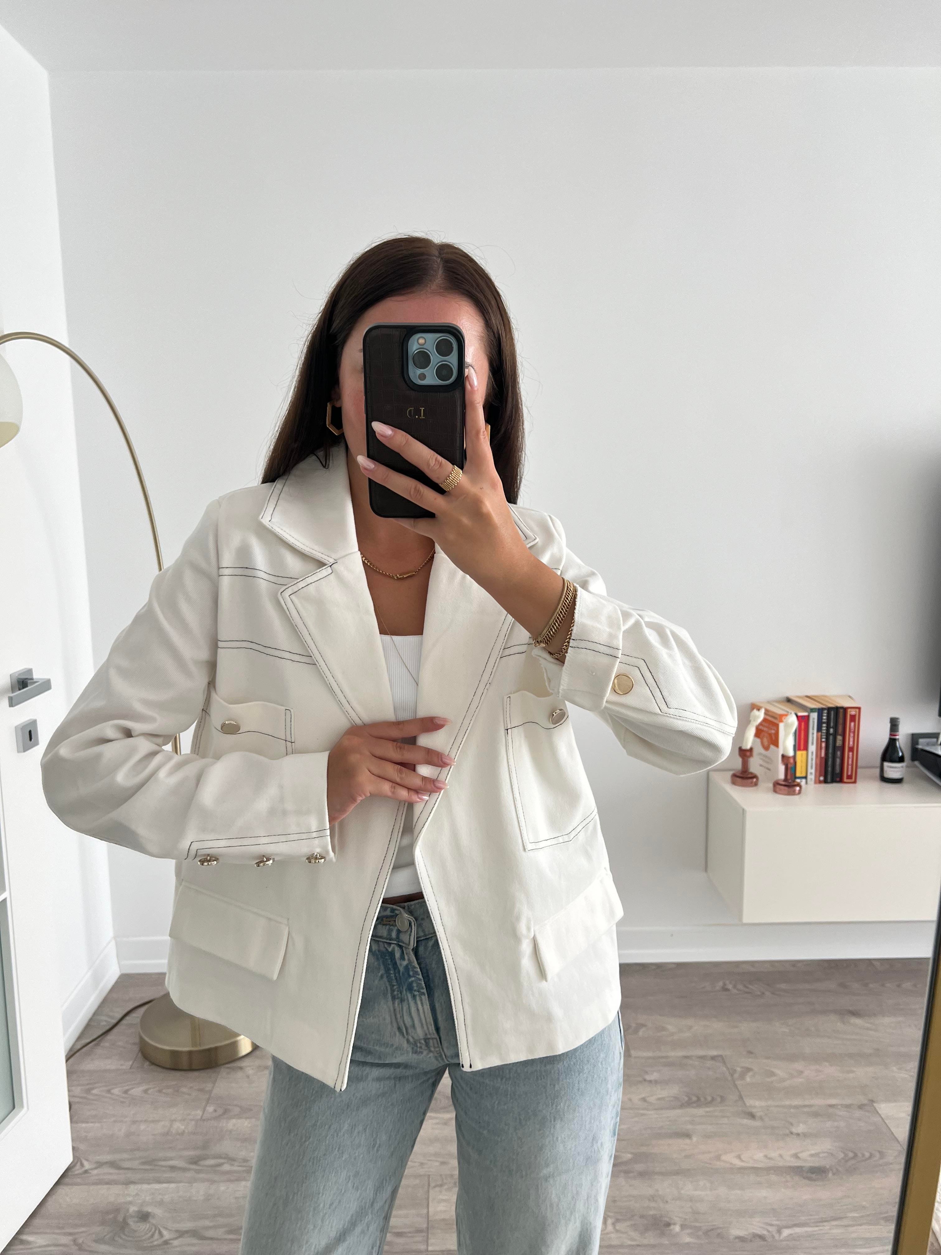 Tasarım Dikiş Detaylı Ekru Jean Ceket