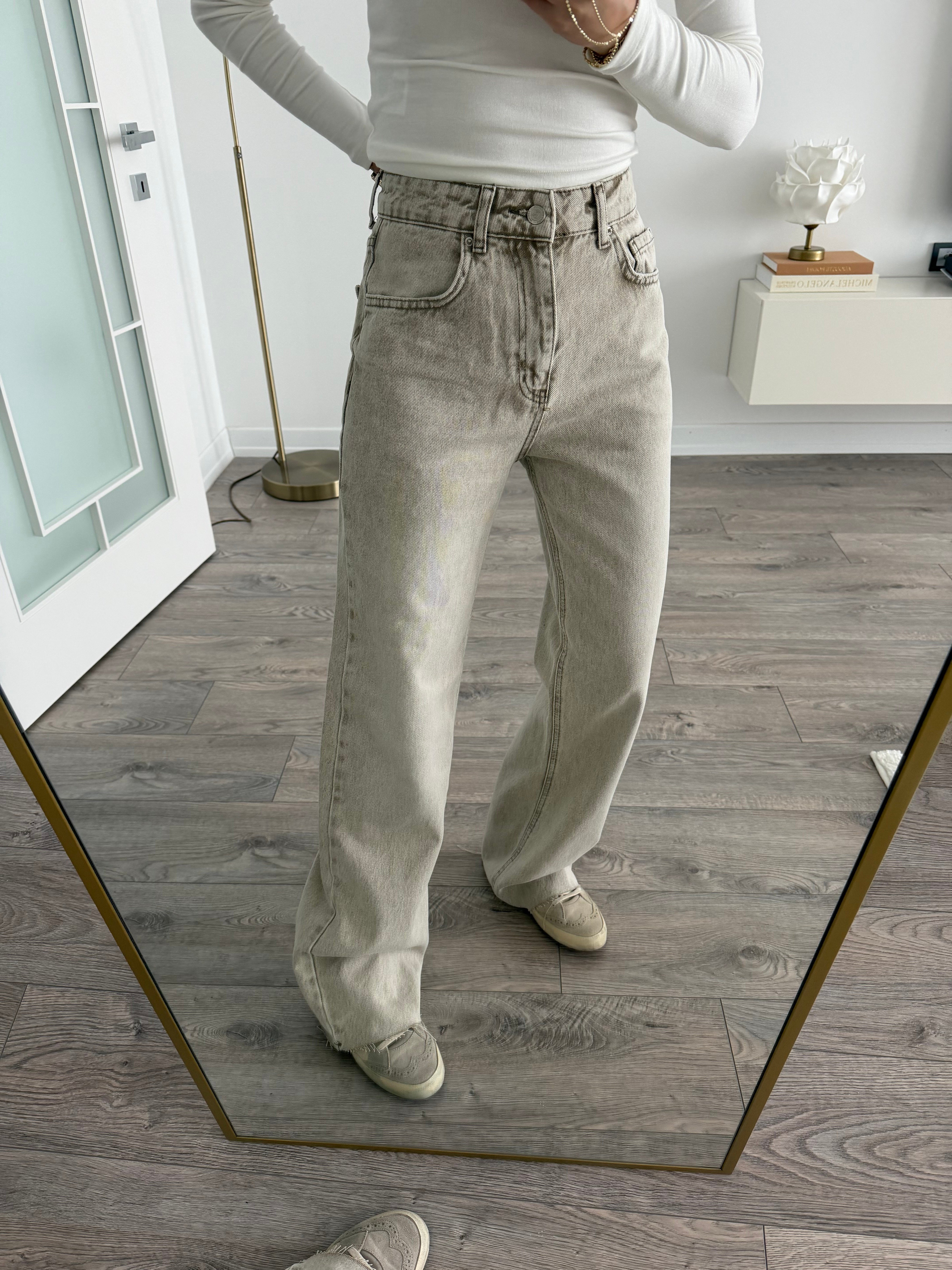 Taşlanmış Bej Bol Paça Jean