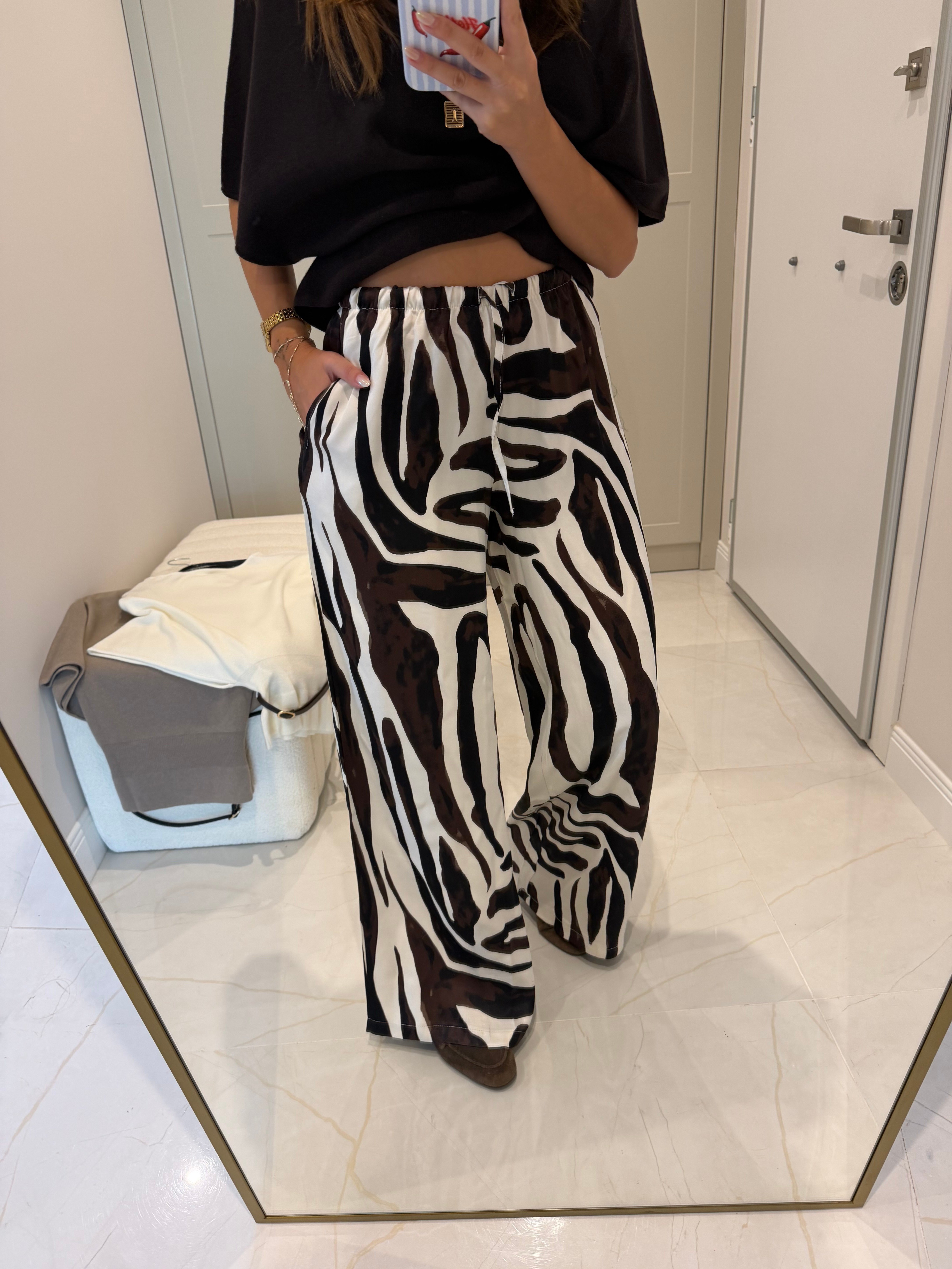 Zebra Desen Tok Saten Lastikli Pantolon 