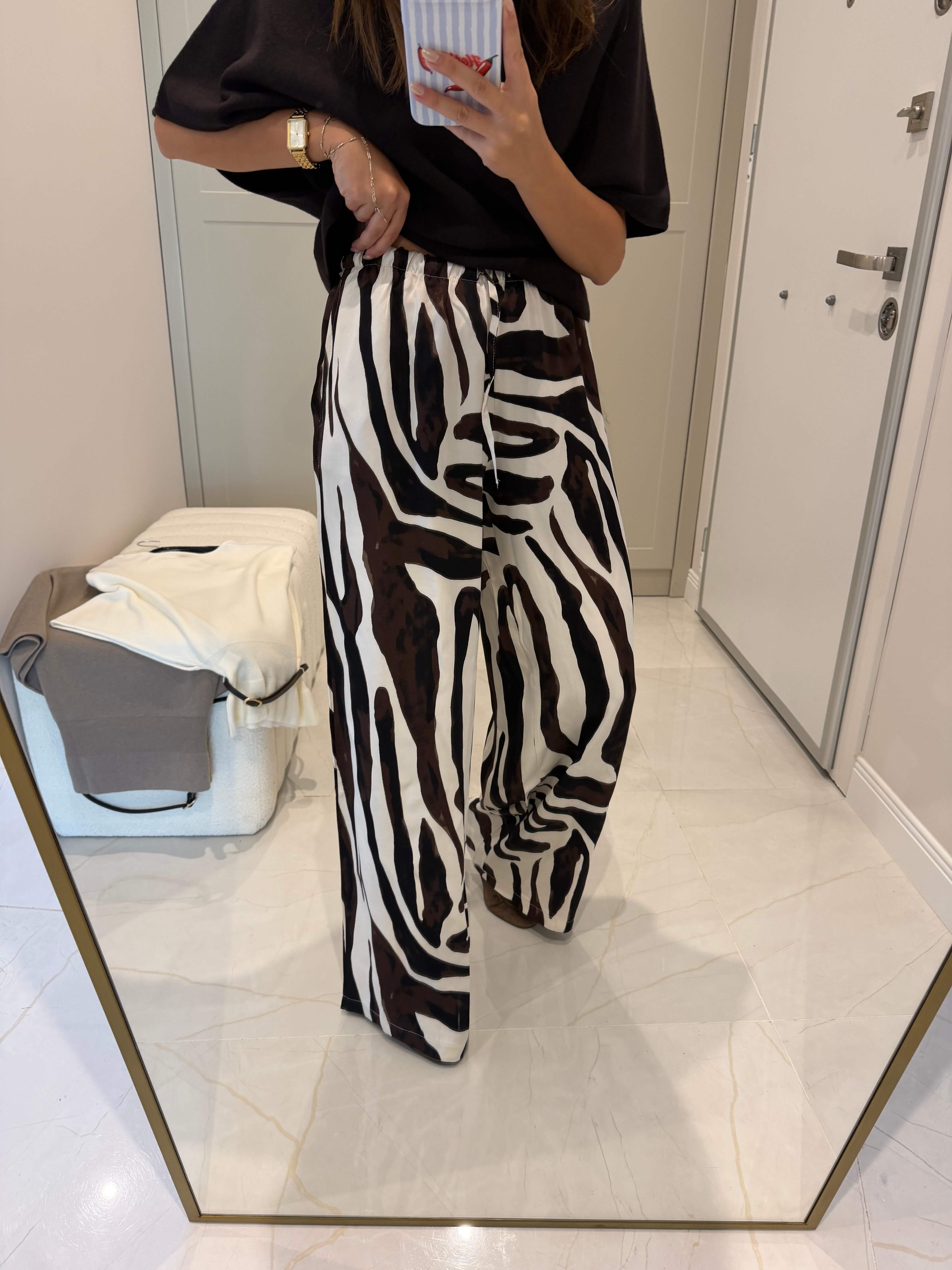 Zebra Desen Tok Saten Lastikli Pantolon 