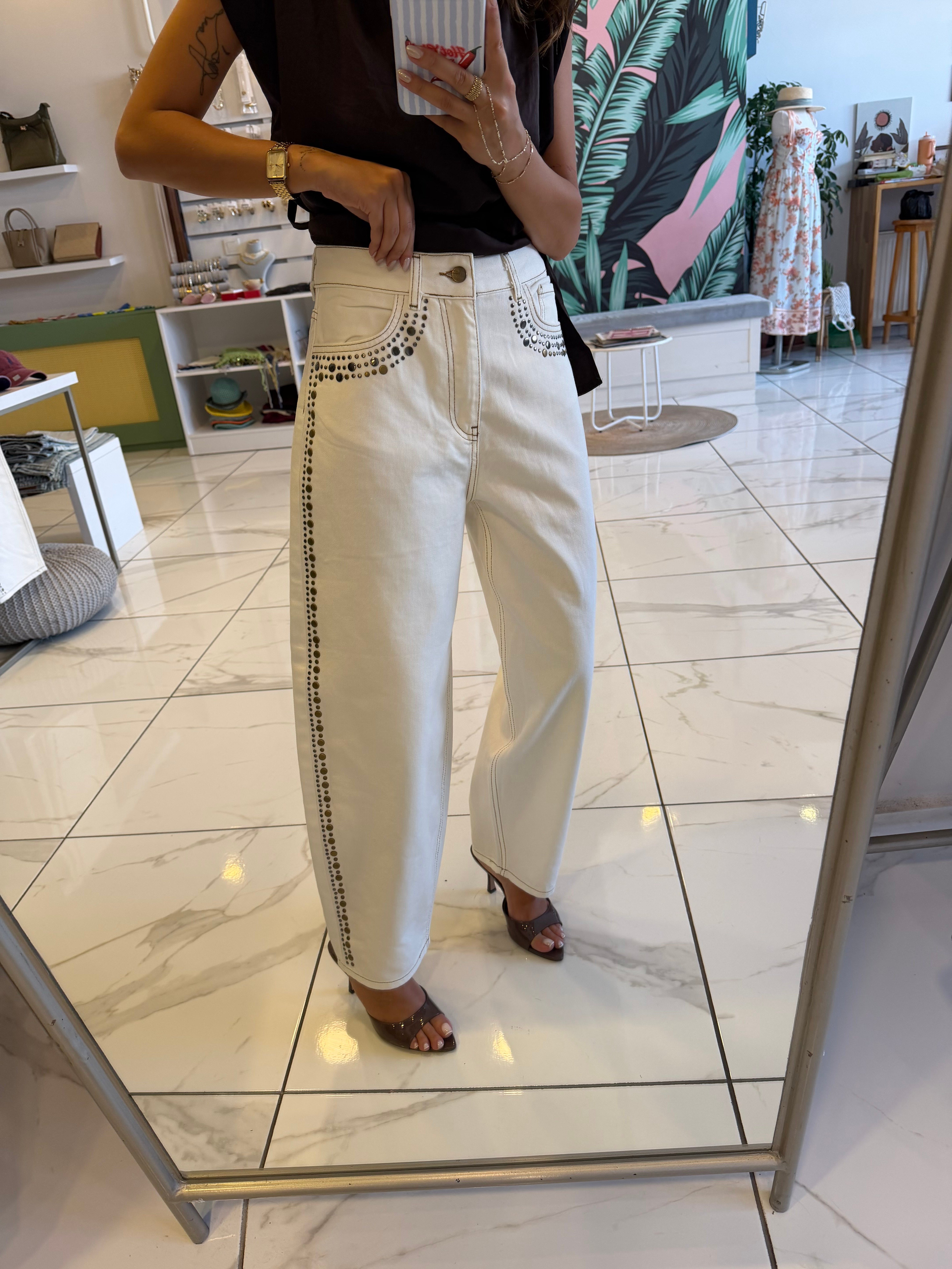 Zımba Detaylı Ekru Balon Jean