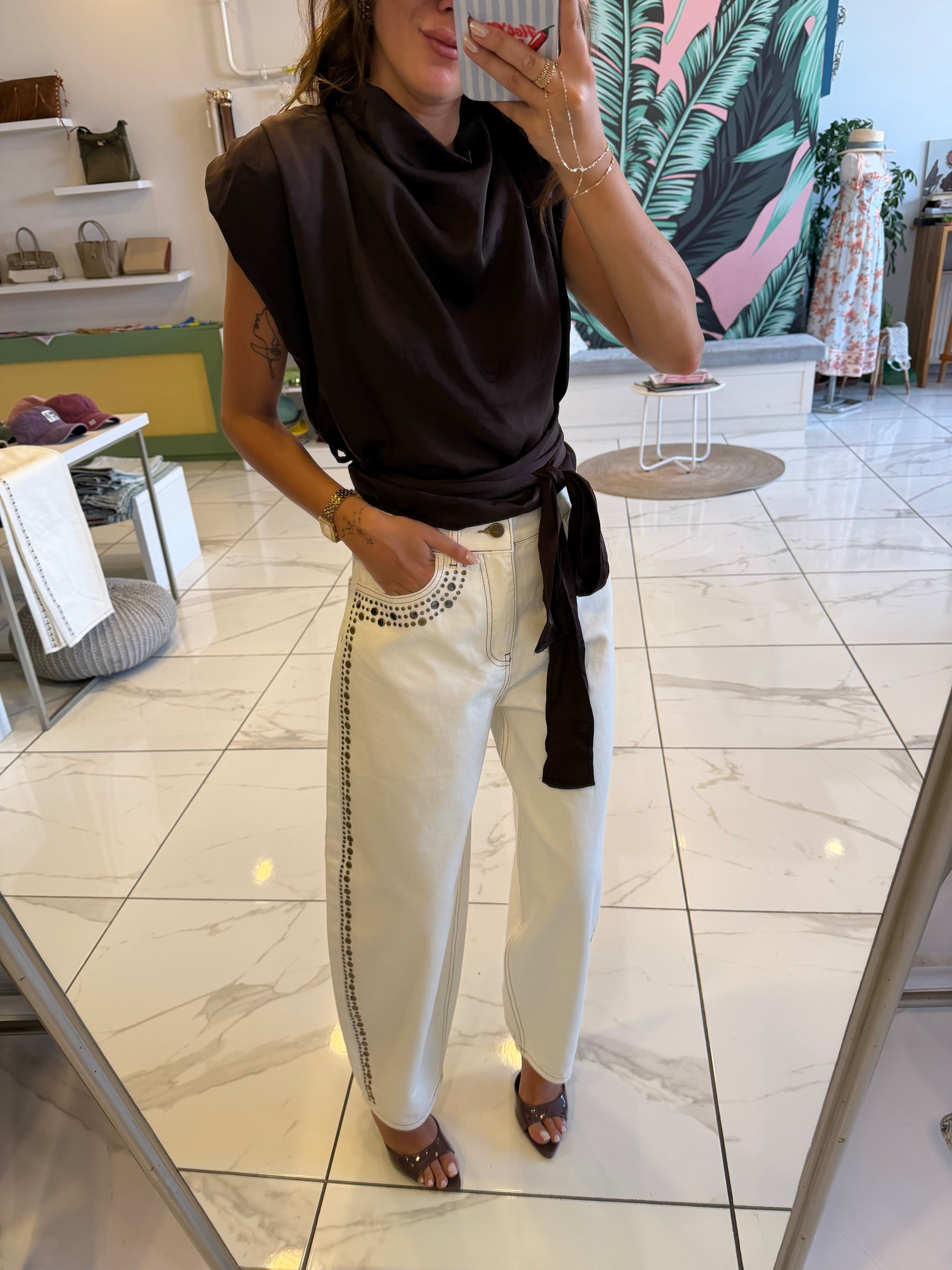 Zımba Detaylı Ekru Balon Jean
