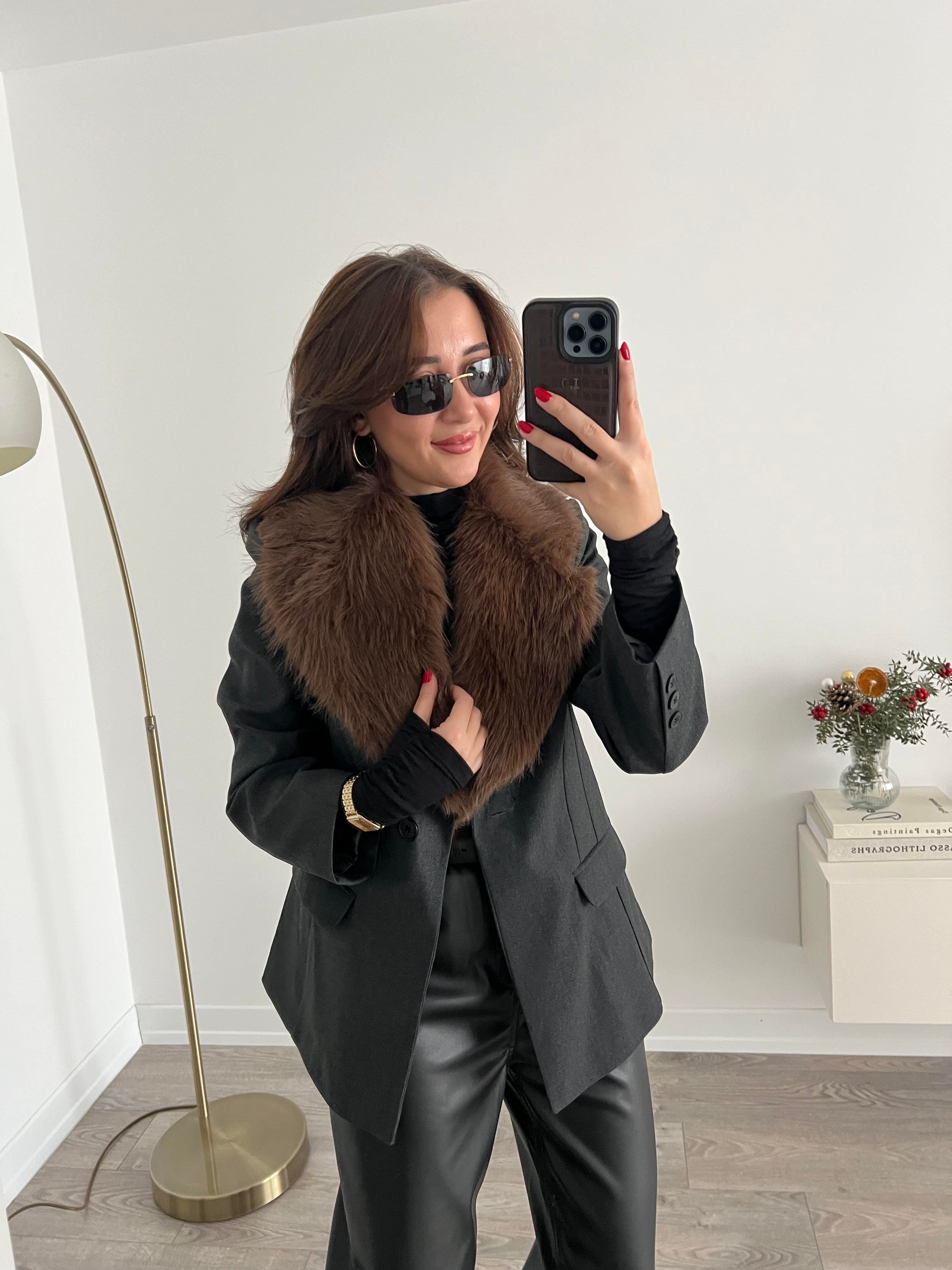ZR Kürklü Antrasit Blazer Ceket