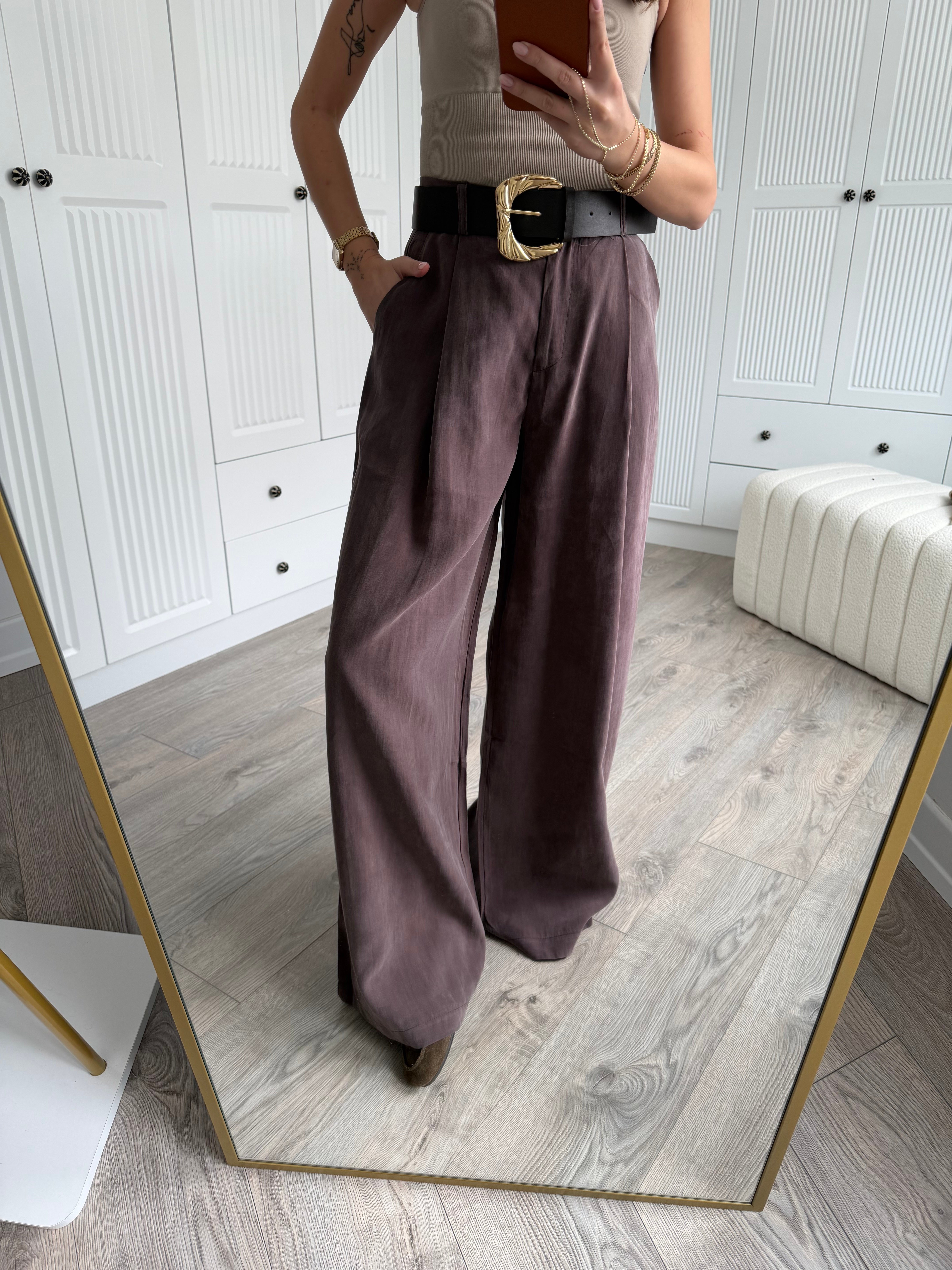 ZR Model Kemerli Kahve Geniş Paça Pantolon 