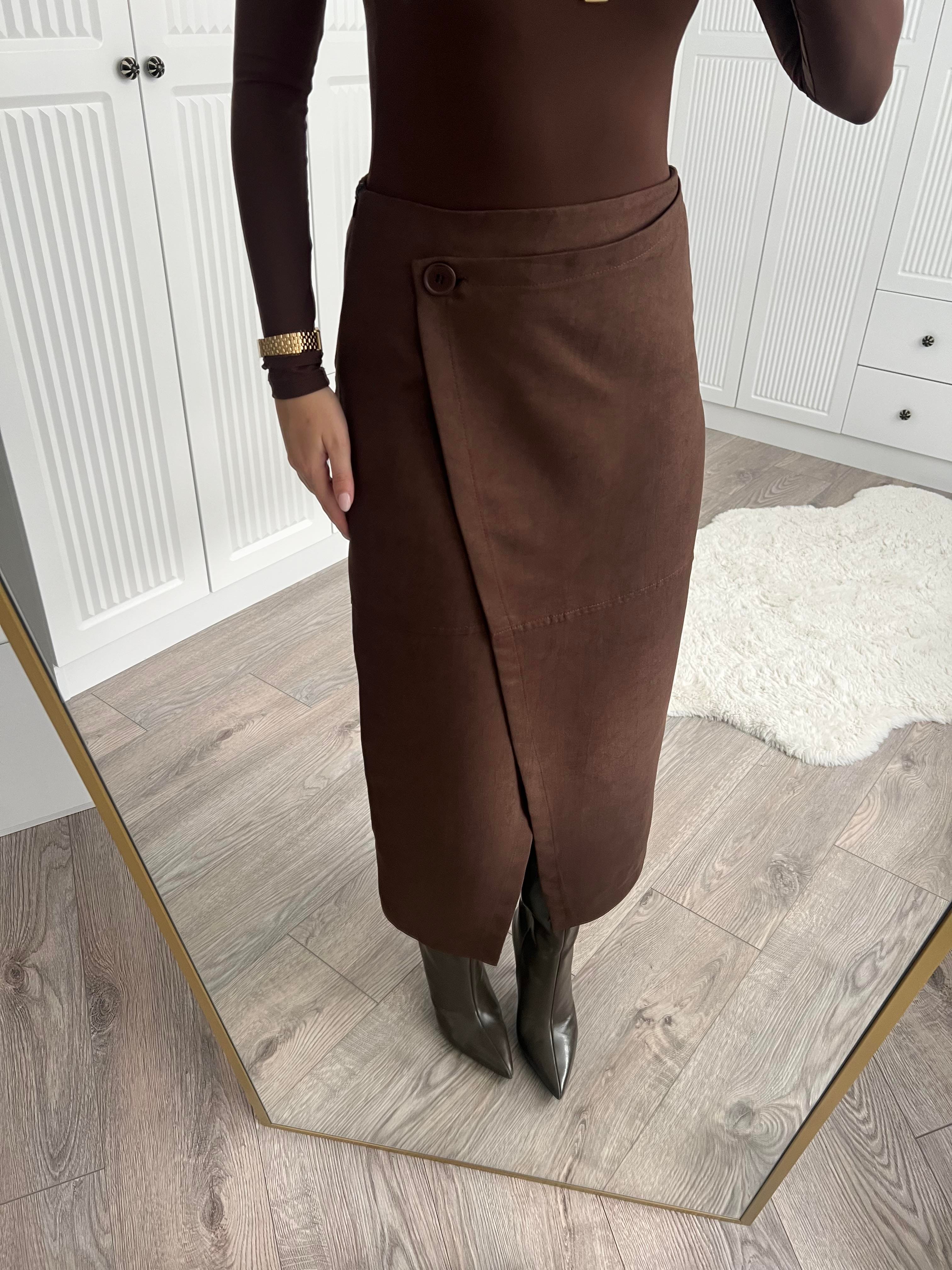 ZR Model Süet Dokulu Kahve Midi Etek