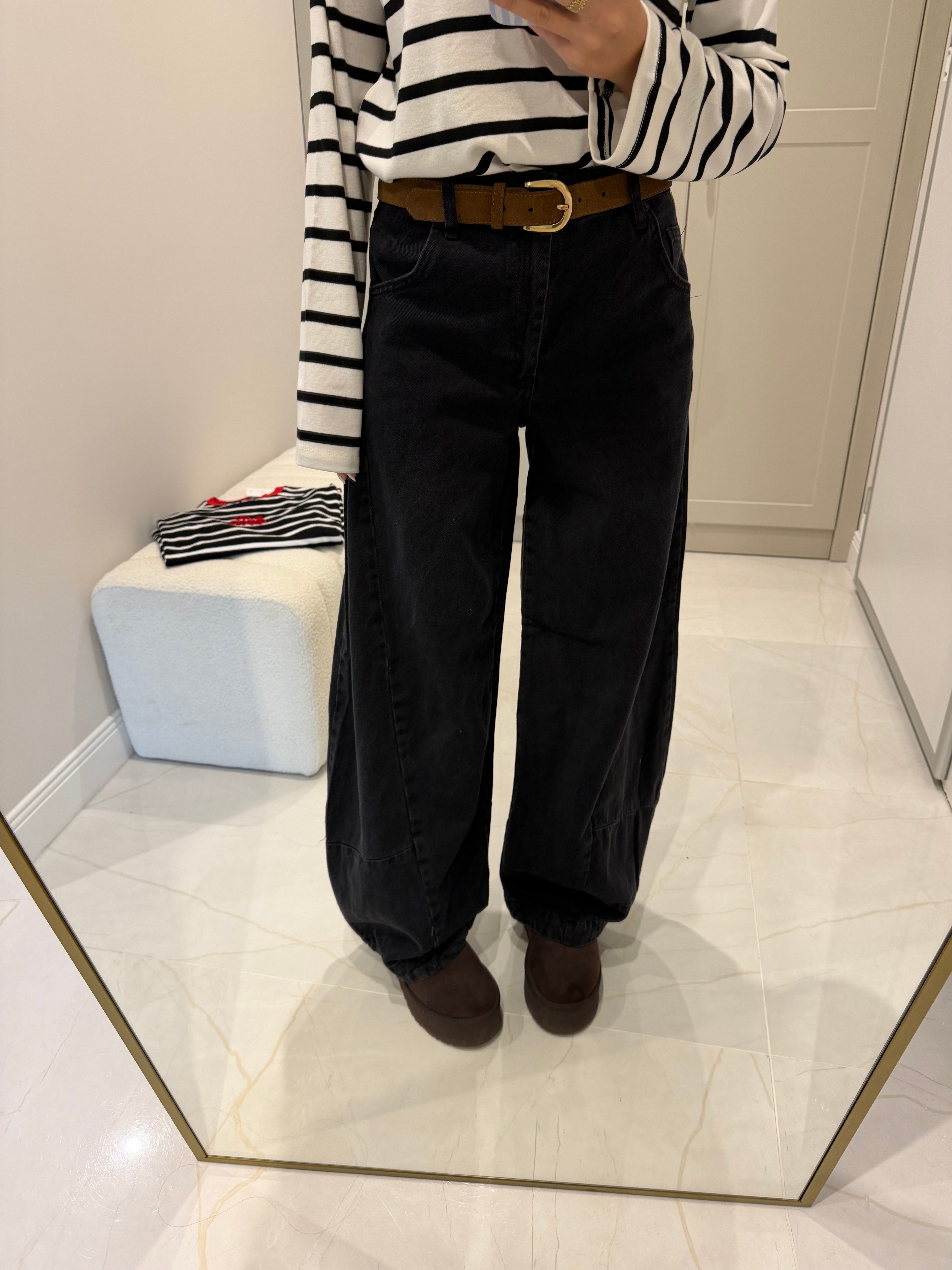 ZR Orj Siyah Dikiş Detaylı Barrel Jean
