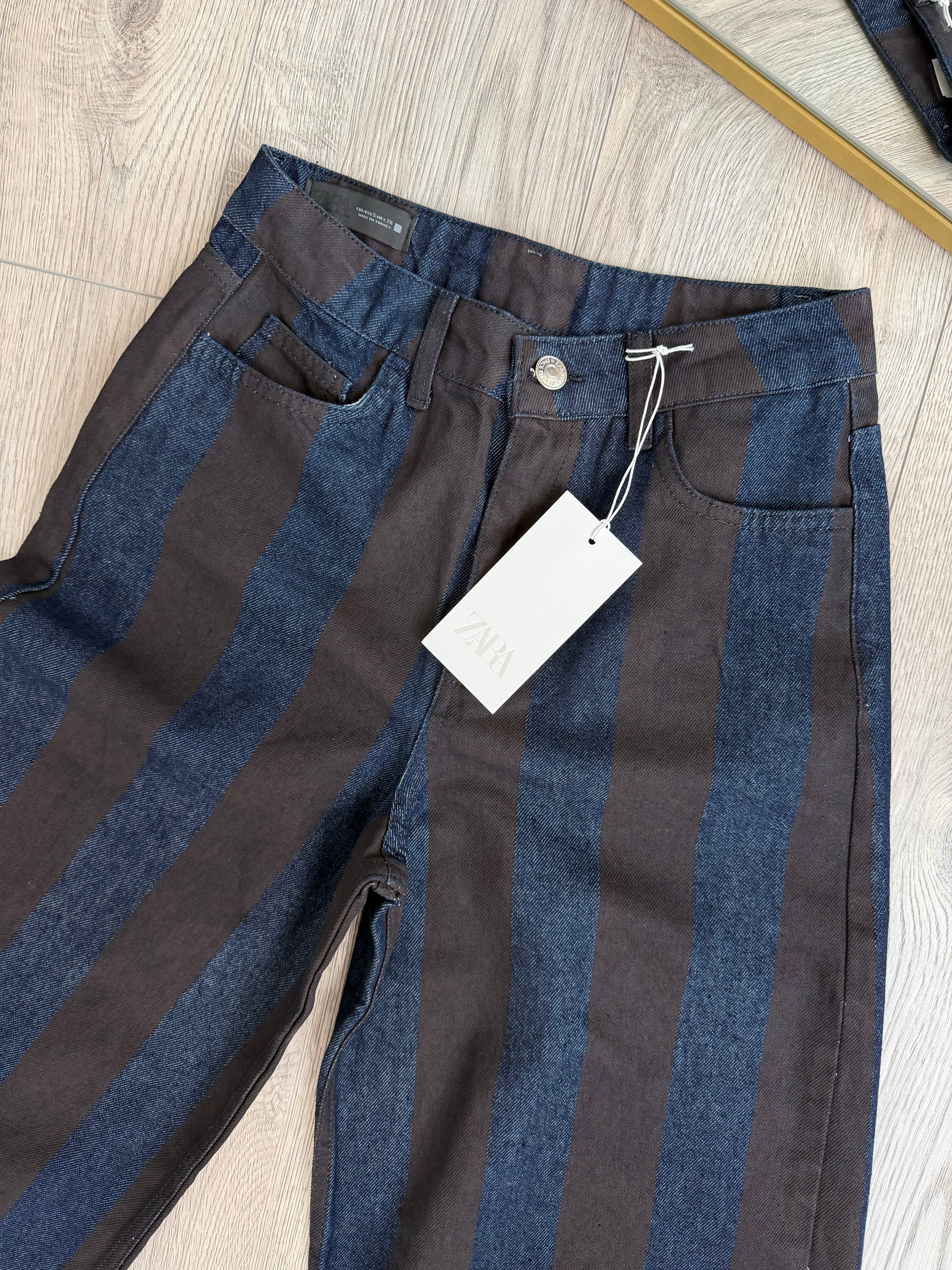 ZR Viral Kahve Laci Çizgili Geniş Paça Jean