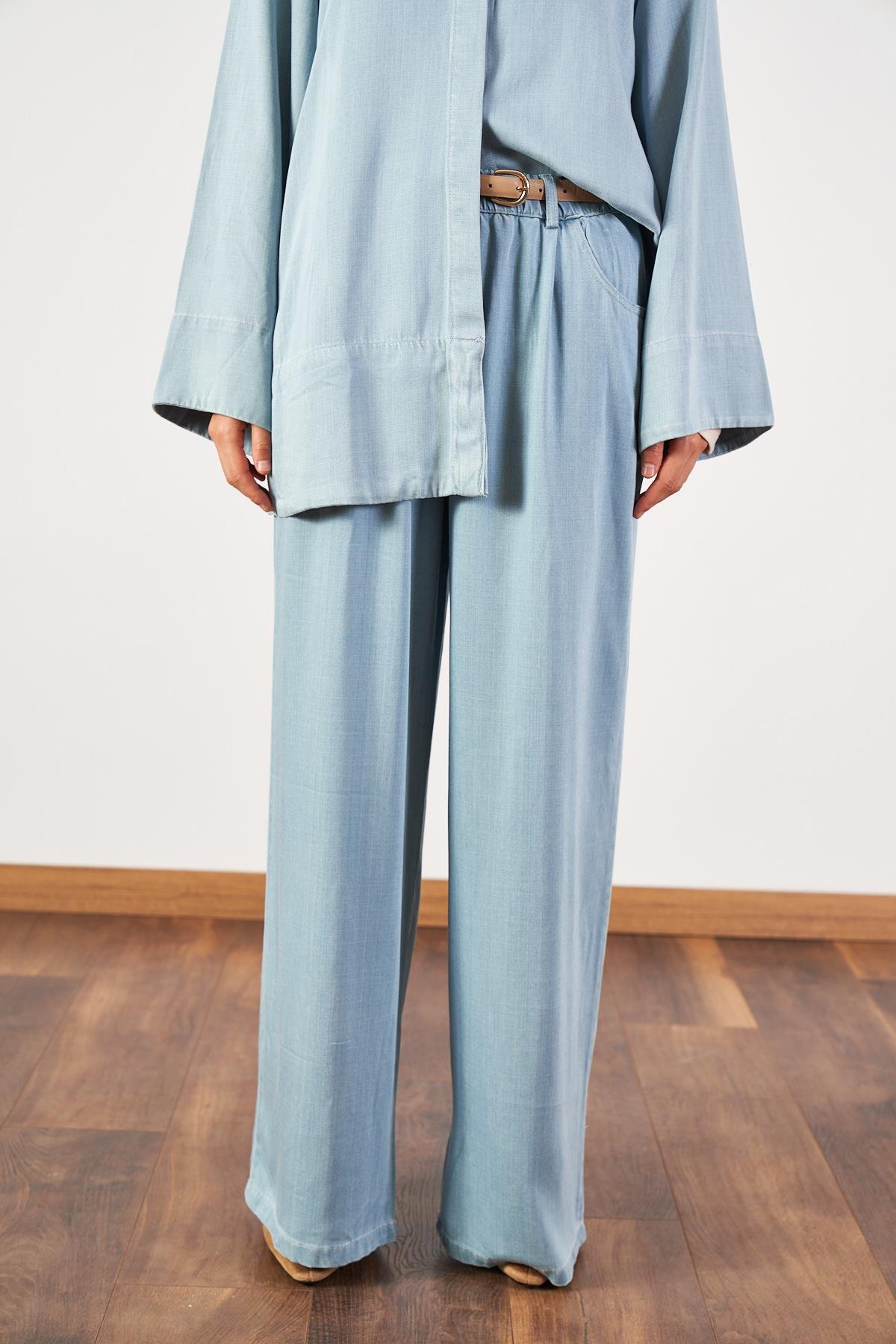 Açık Mavi Denim Tunik Pantolon Tesettür İkili Takım