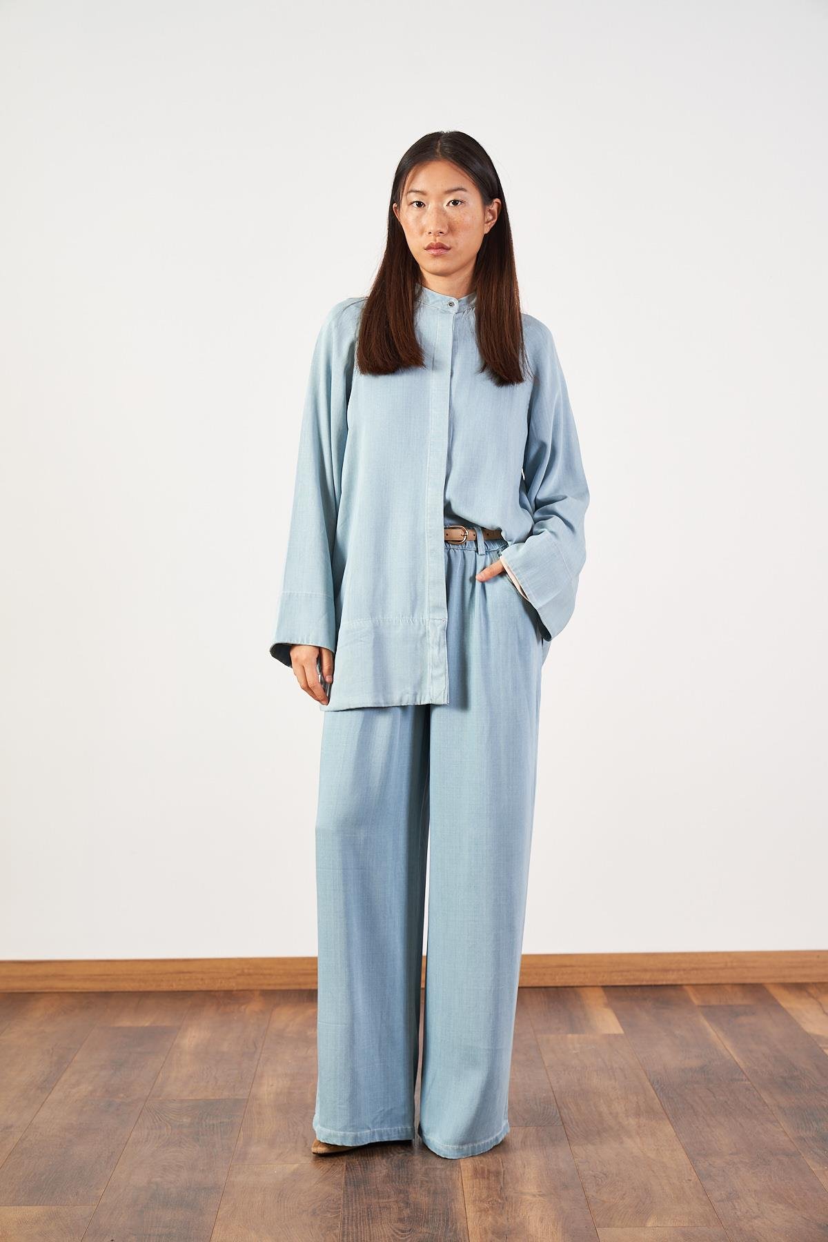 Açık Mavi Denim Tunik Pantolon Tesettür İkili Takım