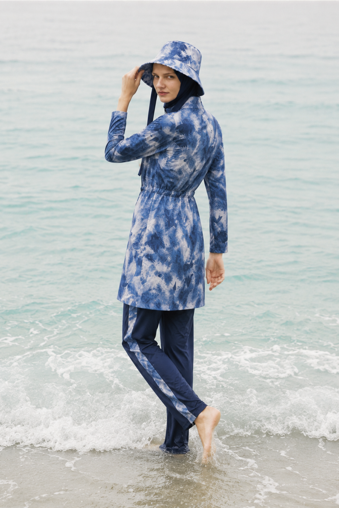 AURELİA TİDE | Batik Desen Lacivert Stoperli Tesettür Mayo 5 li Set