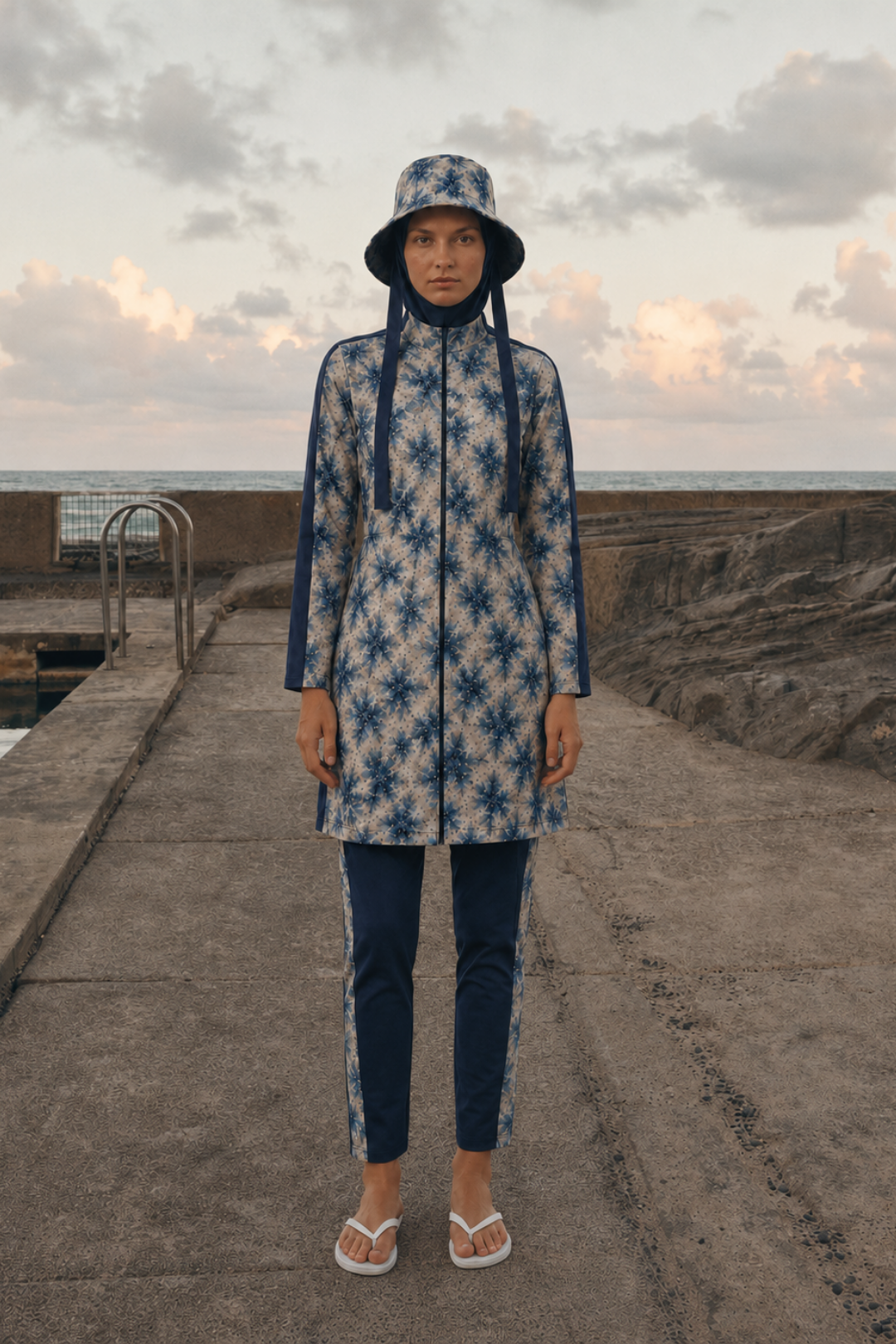 AURELİA TİDE | Batik Desen Lacivert Stoperli Tesettür Mayo 5 li Set