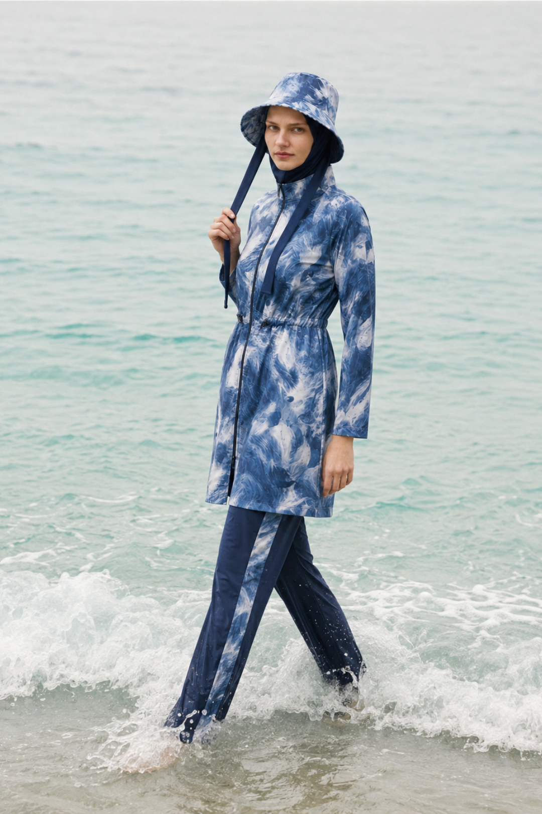 AURELİA TİDE | Batik Desen Lacivert Stoperli Tesettür Mayo 5 li Set