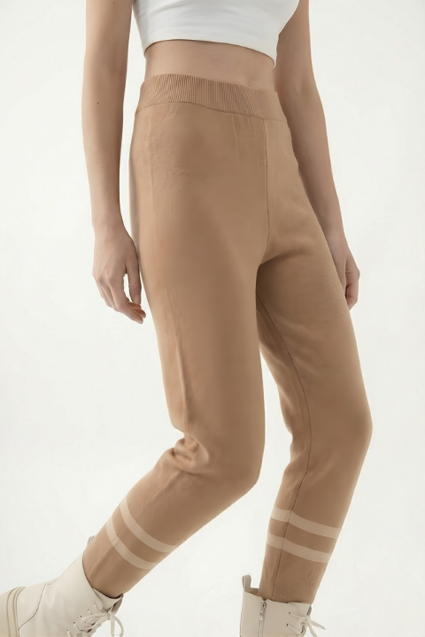 Çizgili Triko Pantolon Latte