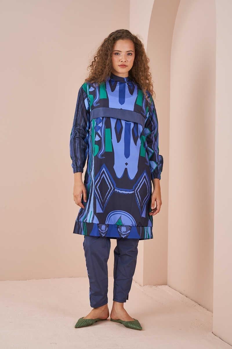 Ethnic Pattern Covered Swimsuit Long indigo