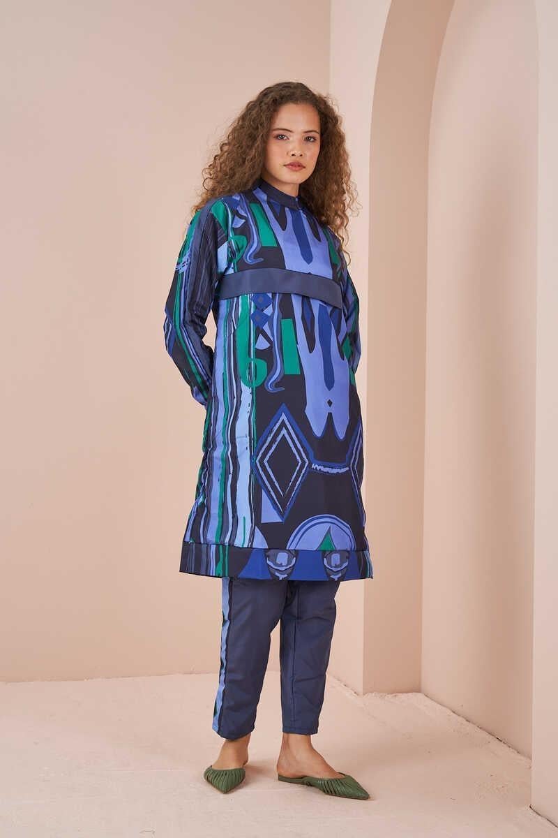 Ethnic Pattern Covered Swimsuit Long indigo