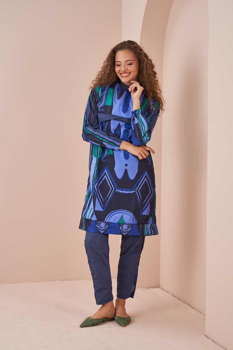 Ethnic Pattern Covered Swimsuit Long indigo