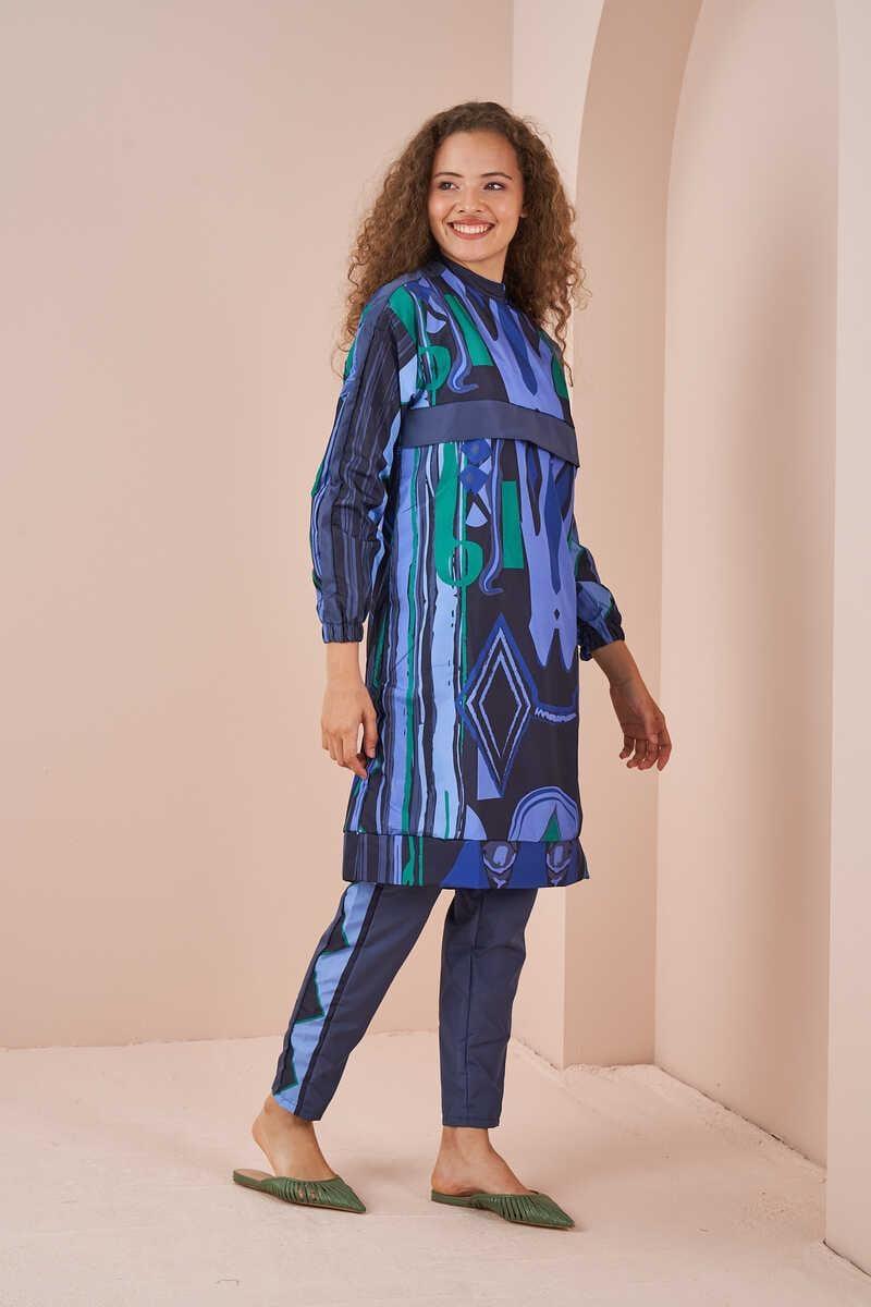 Ethnic Pattern Covered Swimsuit Long indigo