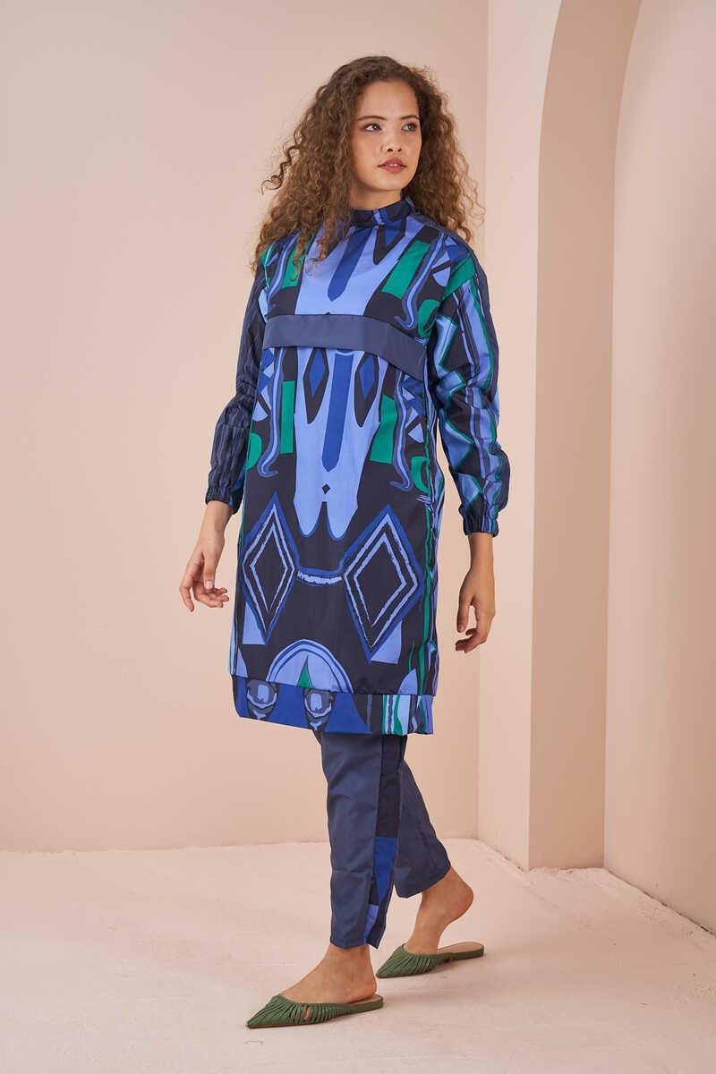 Ethnic Pattern Covered Swimsuit Long indigo