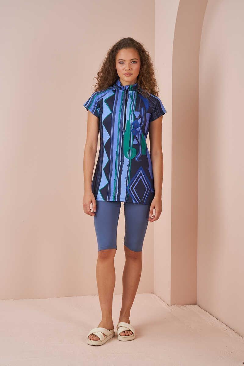 Ethnic Pattern Half Covered Swimsuit indigo