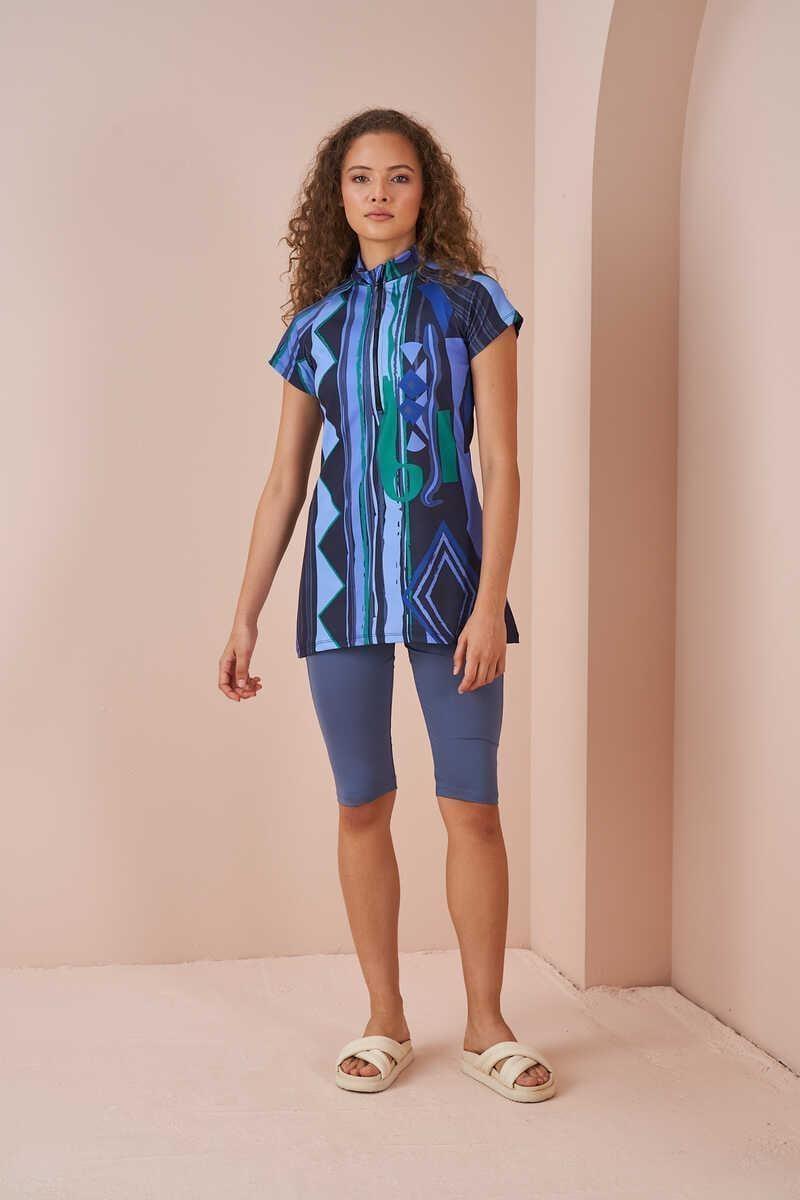 Ethnic Pattern Half Covered Swimsuit indigo