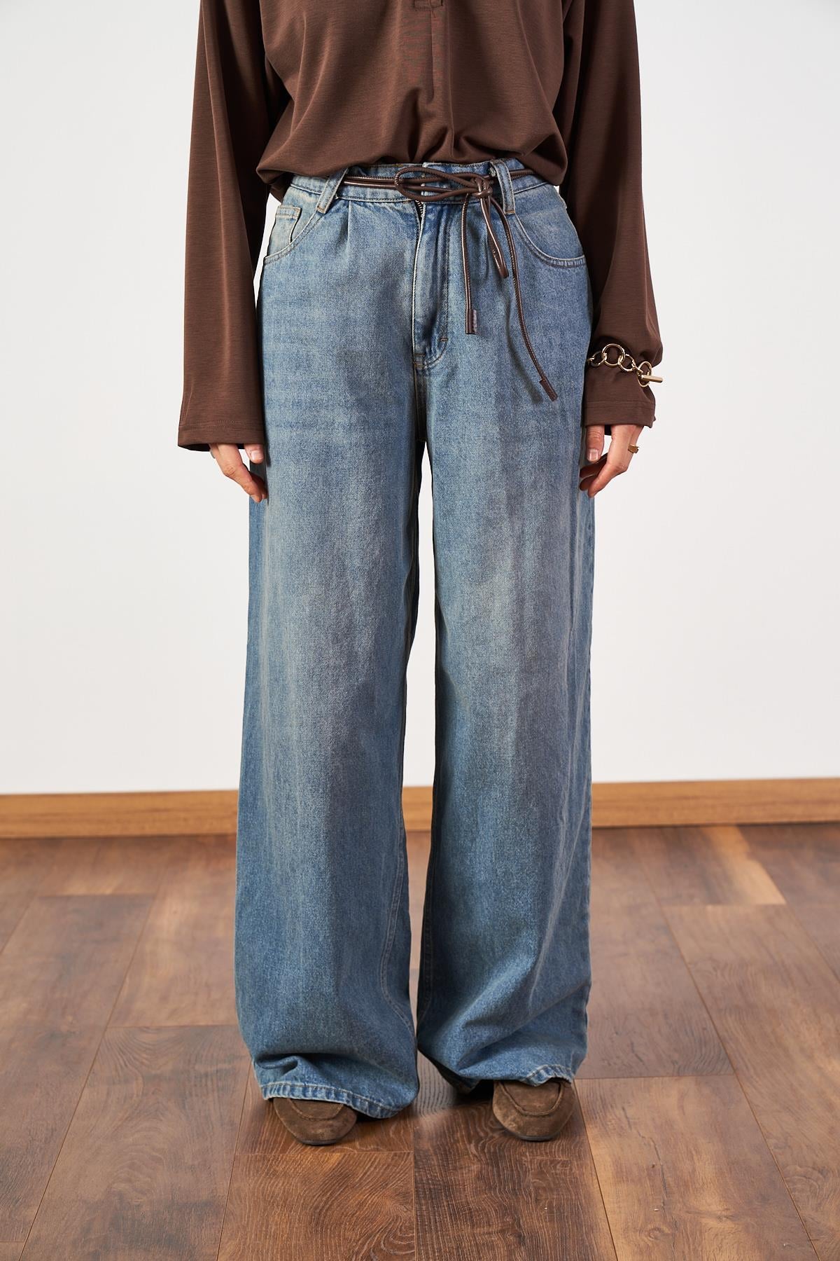 Geniş Paça Yüksek Bel Denim Pantolon