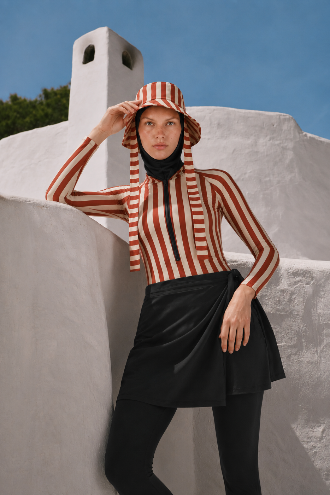 GILDED CABANA | Kırmızı Beyaz Çizgili Siyah Yüzücü Tesettür Mayo 5 li Set