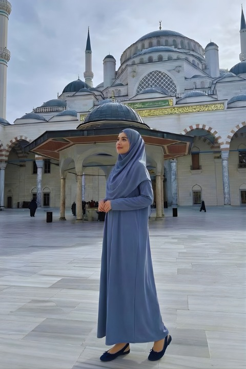 Hazır Şallı Tek Parça Namaz Elbisesi İndigo