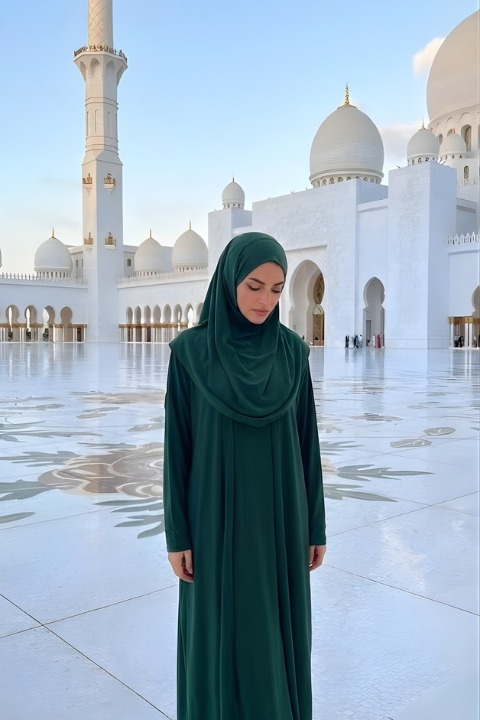 Hazır Şallı Tek Parça Namaz Elbisesi Zümrüt Yeşili