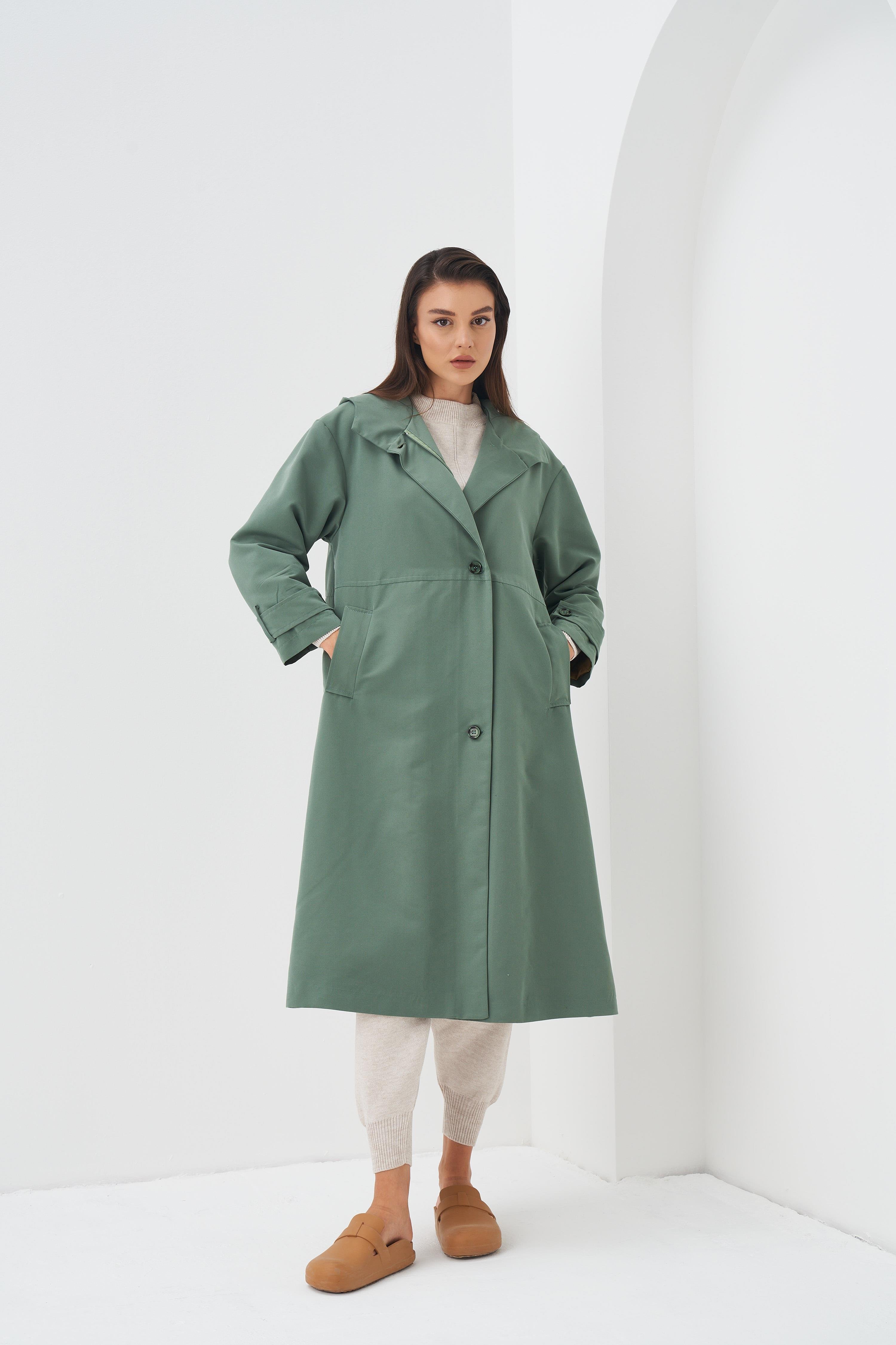 Kapüşonlu Astarlı Trenchcoat Yeşil