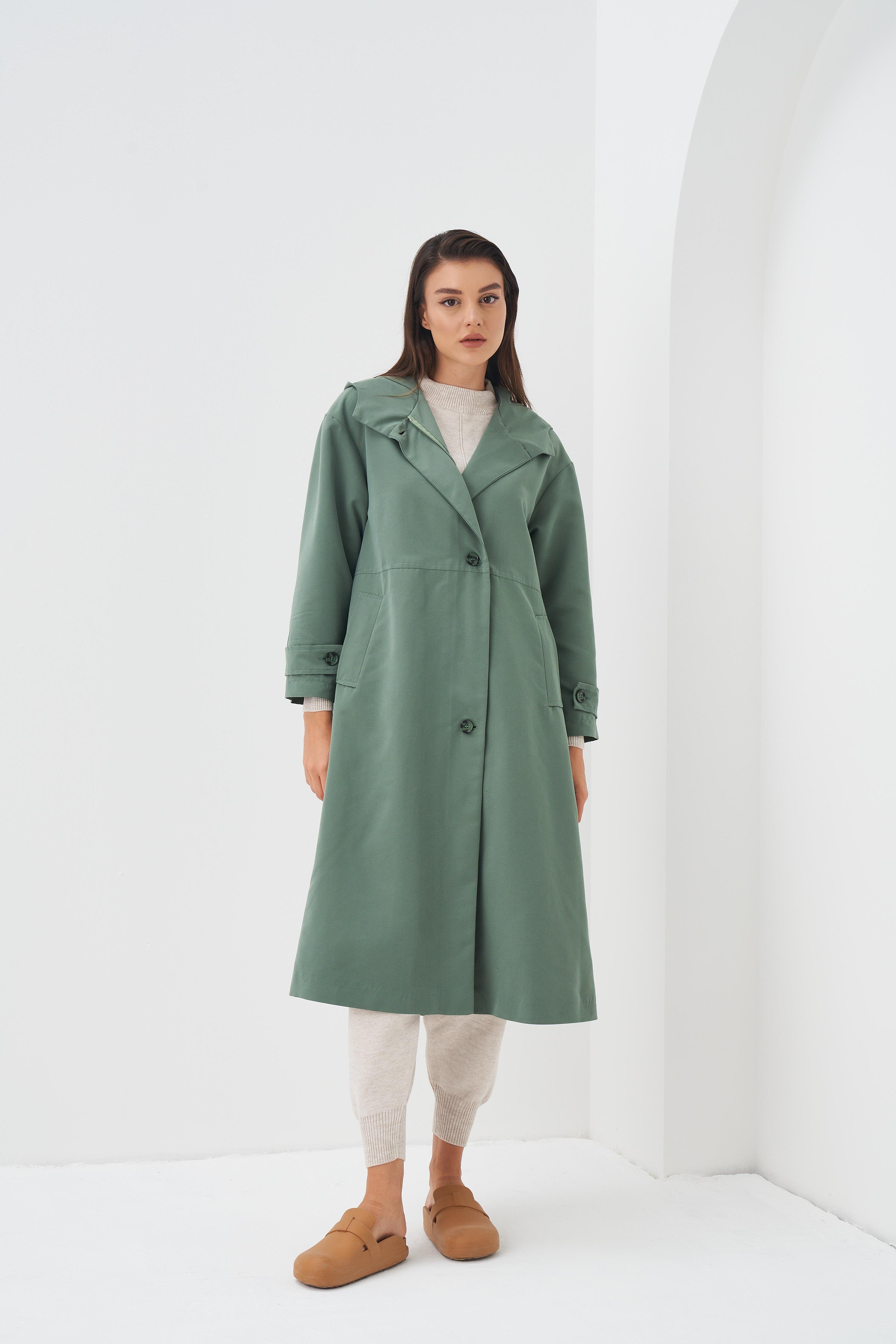 Kapüşonlu Astarlı Trenchcoat Yeşil
