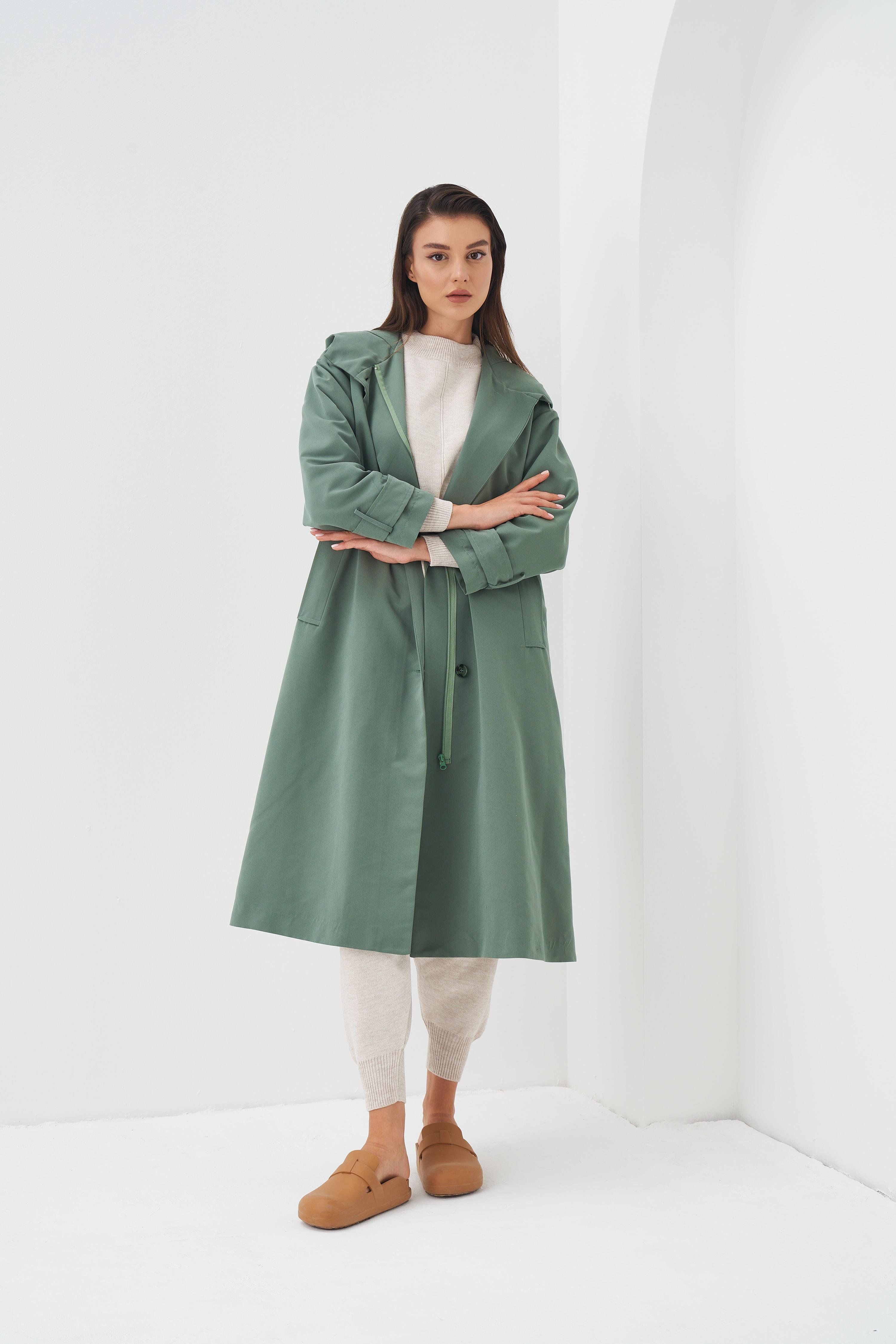 Kapüşonlu Astarlı Trenchcoat Yeşil