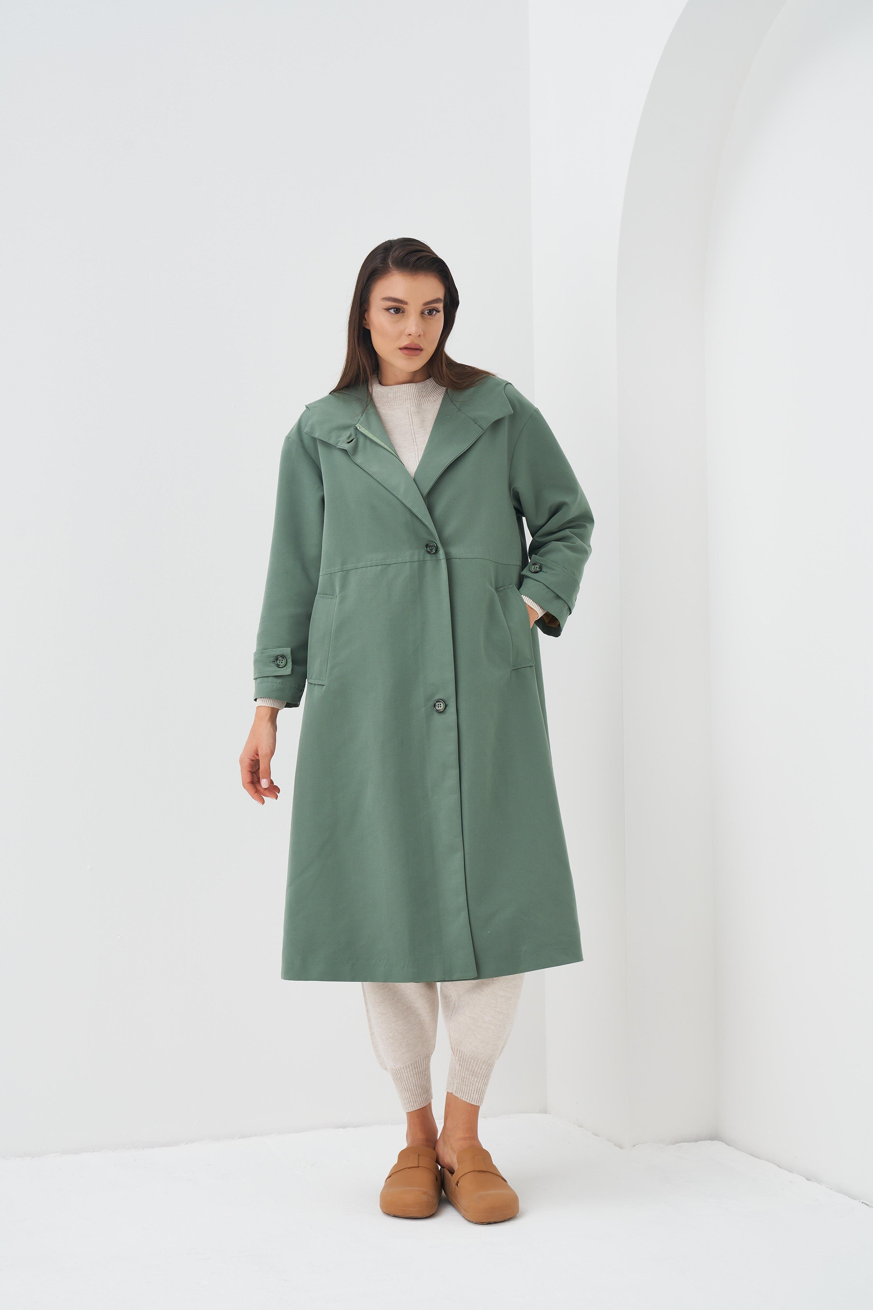 Kapüşonlu Astarlı Trenchcoat Yeşil