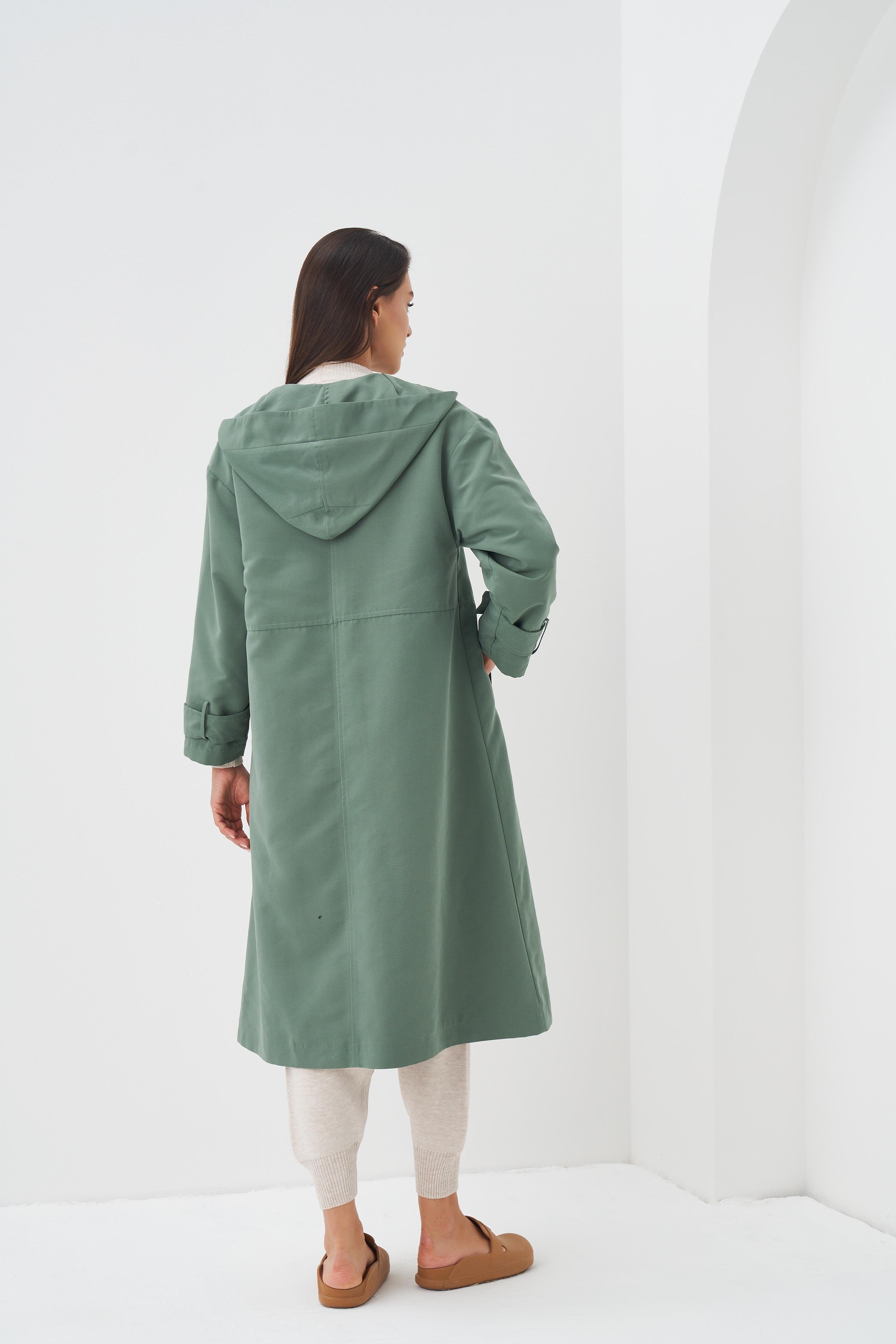 Kapüşonlu Astarlı Trenchcoat Yeşil