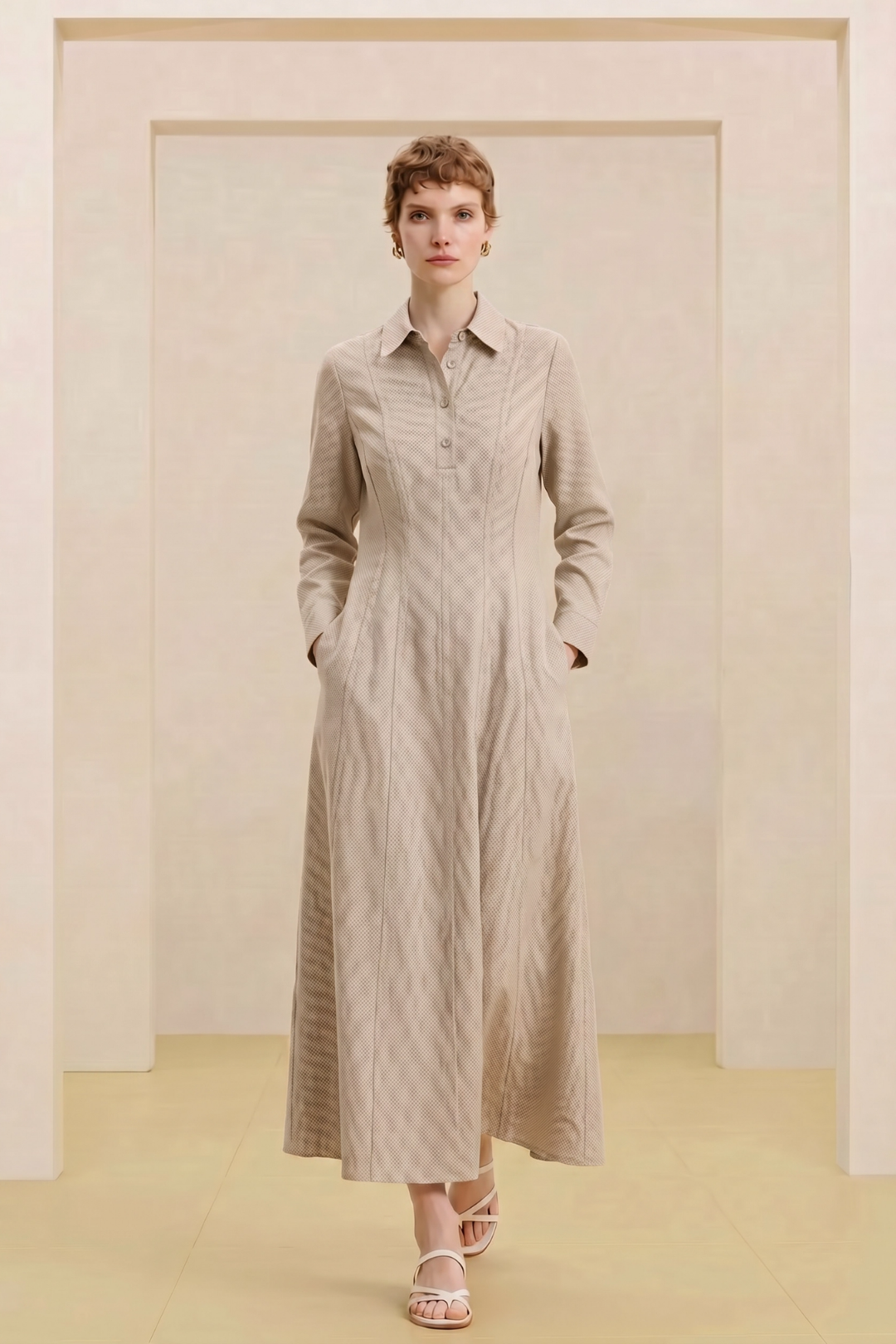 LENA | Parçalı Denim Elbise Bej