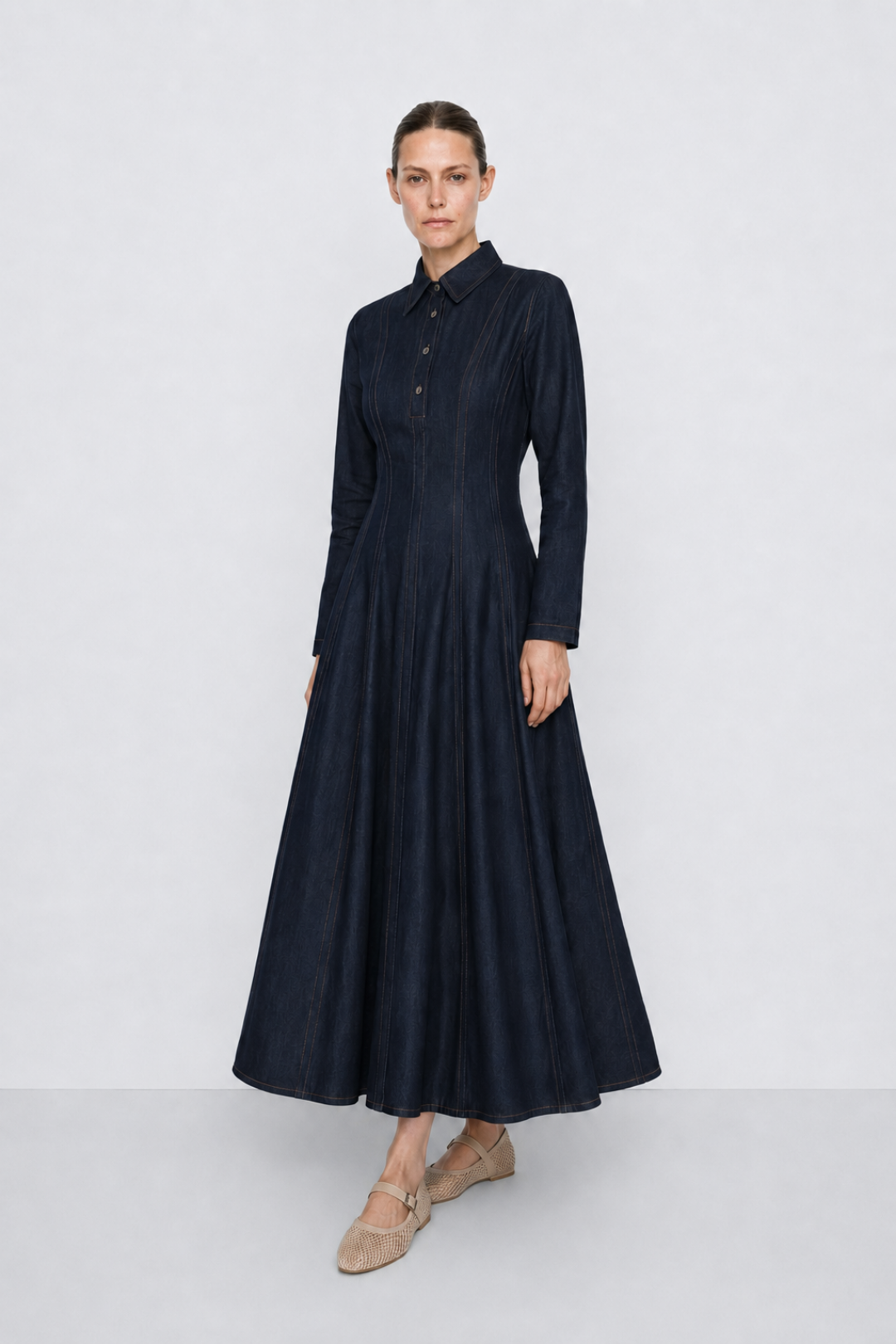 Parçalı Denim Elbise Lacivert