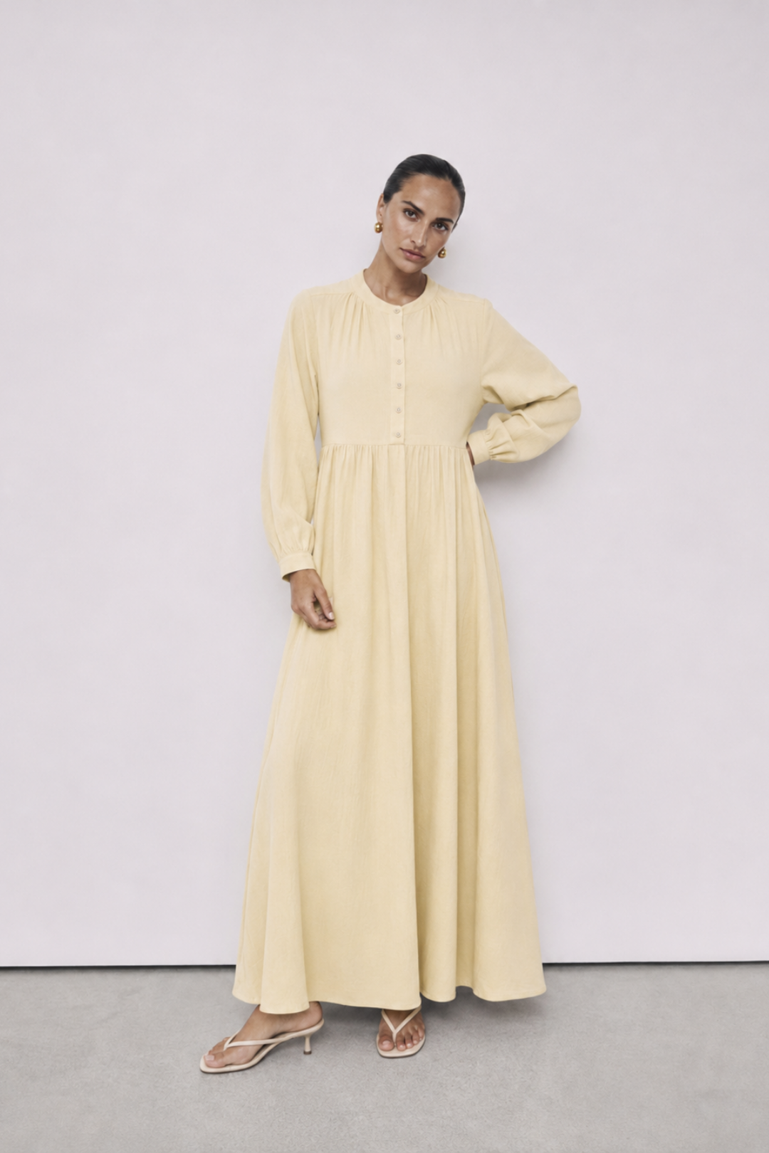 MİNA | Beli Büzgülü Müslin Elbise Butter Yellow