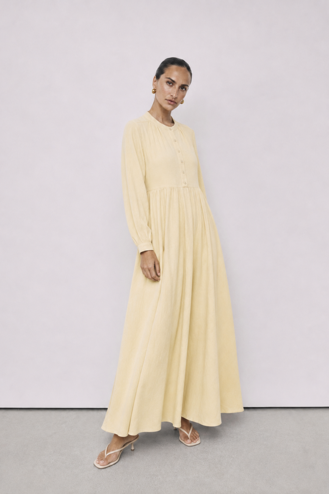 MİNA | Beli Büzgülü Müslin Elbise Butter Yellow