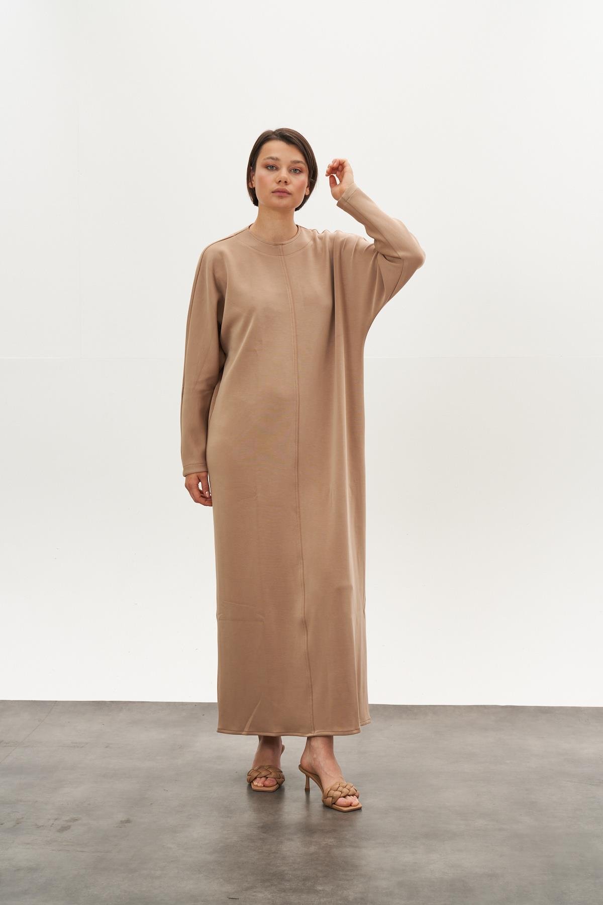 Önü Dikişli Modal Elbise Camel