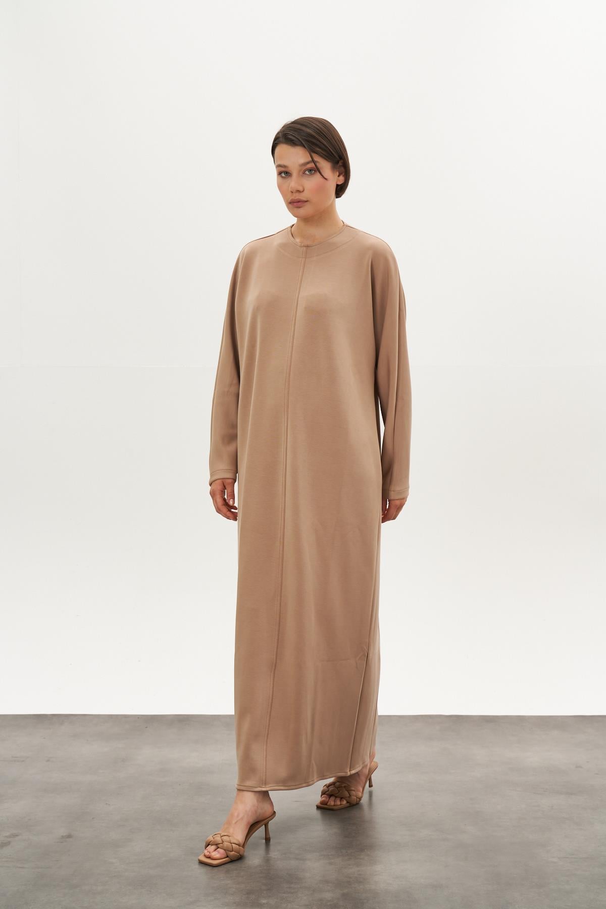 Önü Dikişli Modal Elbise Camel