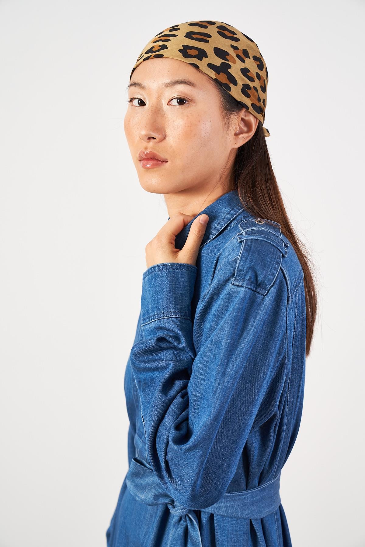 Oversize Kuşaklı Yaka Düğmeli Uzun Denim Elbise Koyu Mavi