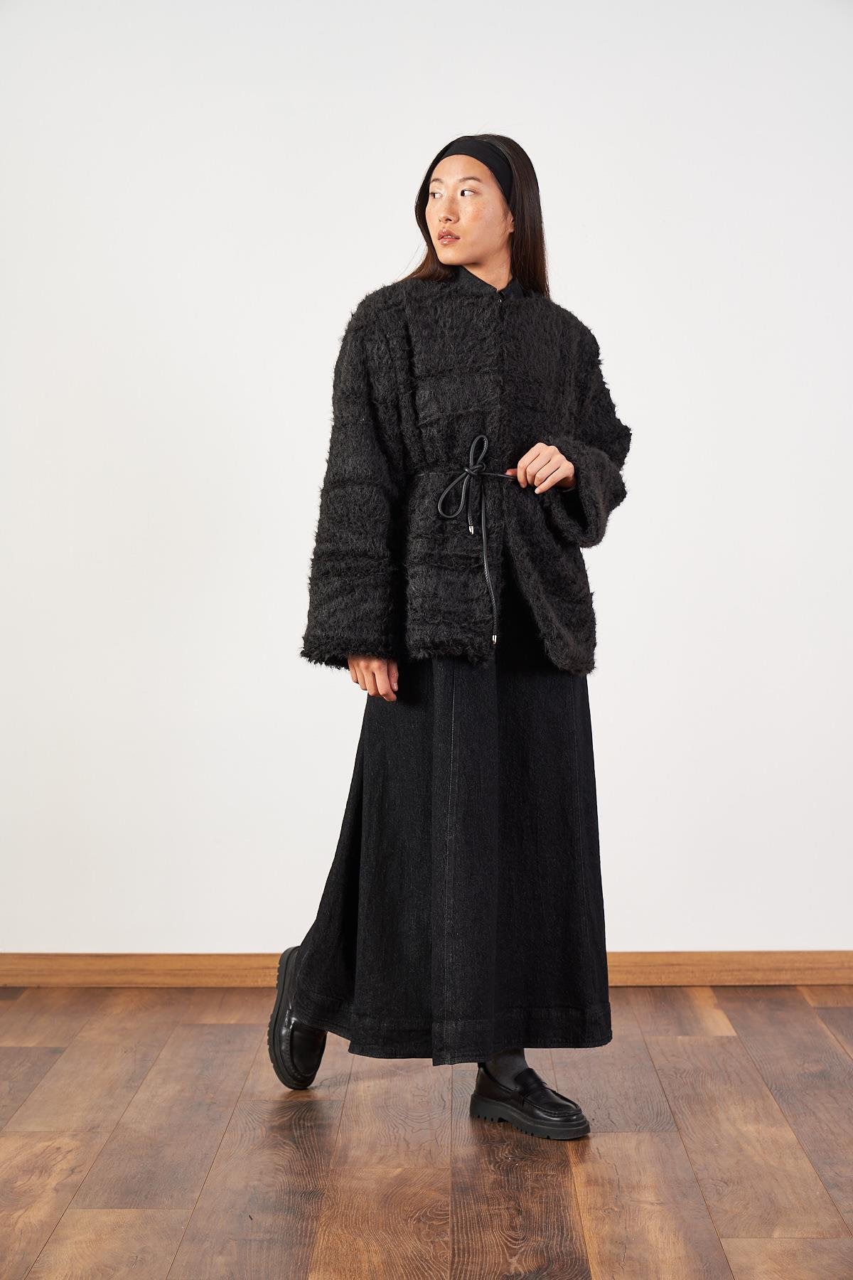 Oversize Kuşaklı Yaka Düğmeli Uzun Denim Tesettür Elbise Siyah