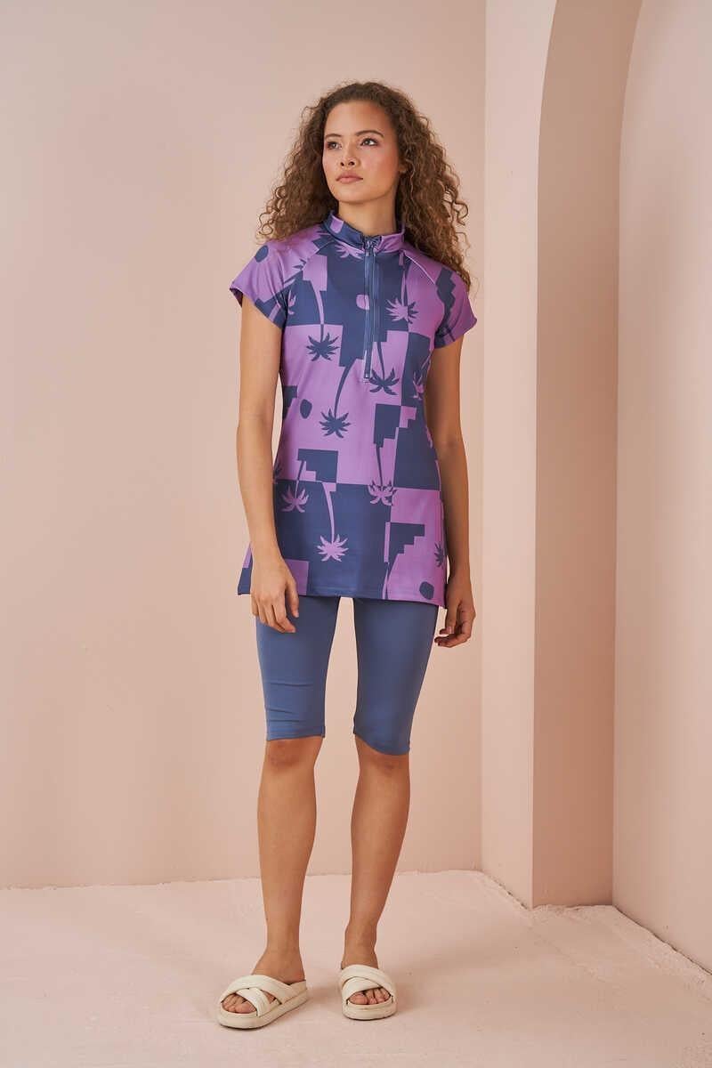 Palm Pattern Half Covered Swimsuit indigo