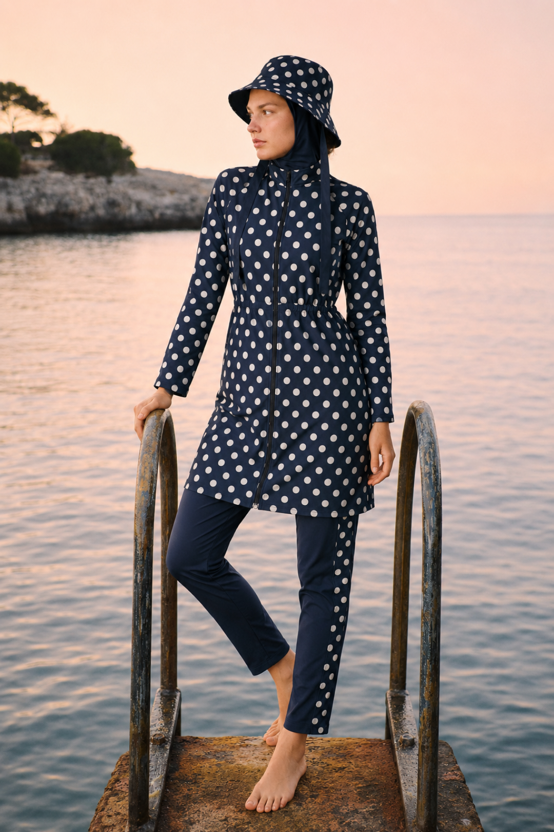 PEARL DOT | Beyaz Puantiyeli Lacivert Stoperli Tesettür Mayo 5 li Set