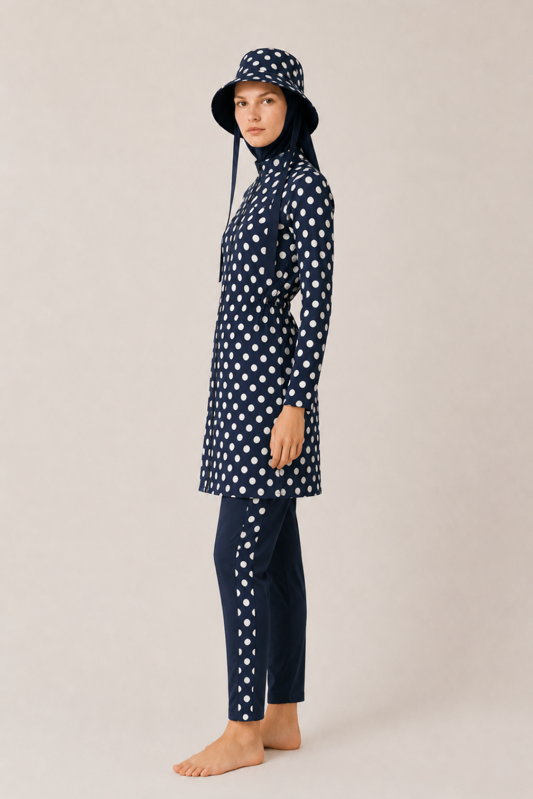 PEARL DOT | Beyaz Puantiyeli Lacivert Stoperli Tesettür Mayo 5 li Set