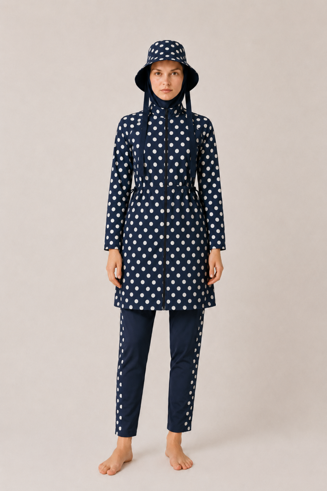 PEARL DOT | Beyaz Puantiyeli Lacivert Stoperli Tesettür Mayo 5 li Set