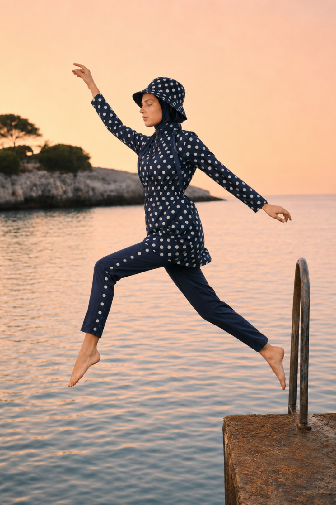 PEARL DOT | Beyaz Puantiyeli Lacivert Stoperli Tesettür Mayo 5 li Set