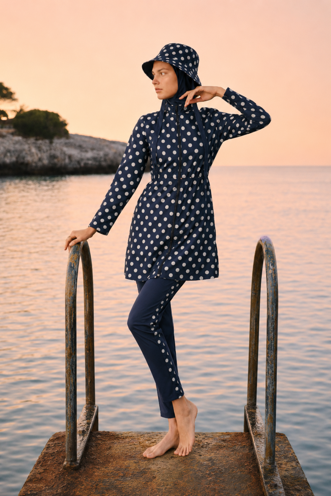 PEARL DOT | Beyaz Puantiyeli Lacivert Stoperli Tesettür Mayo 5 li Set