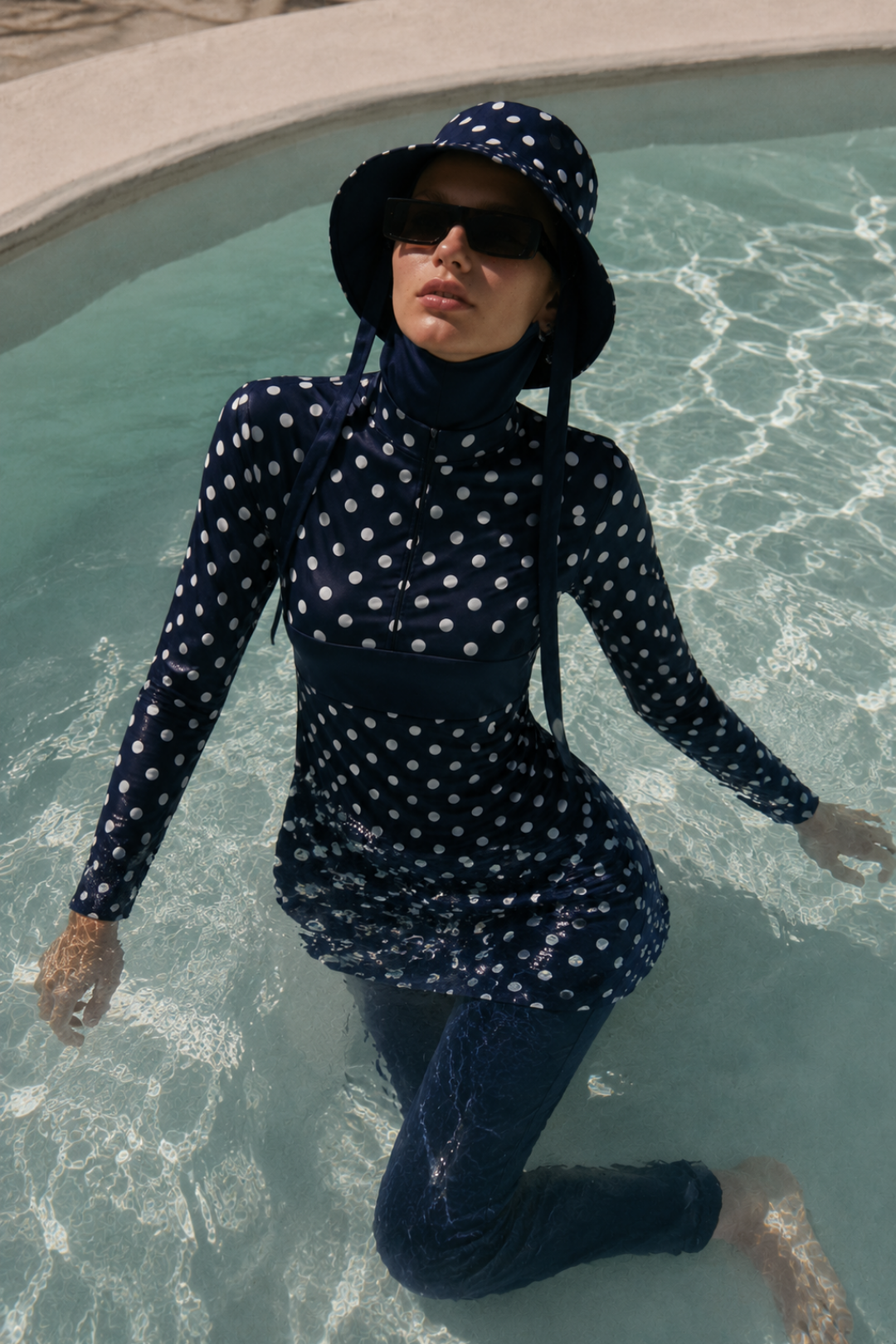 PEARL DOT | Beyaz Puantiyeli Lacivert Tesettür Mayo 5 li Set