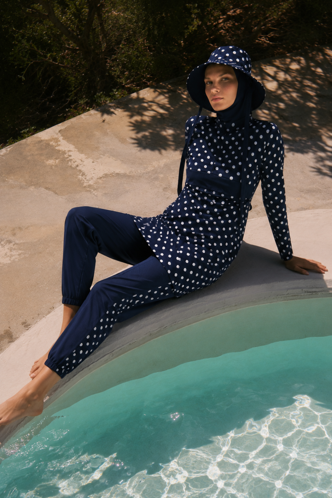 PEARL DOT | Beyaz Puantiyeli Lacivert Tesettür Mayo 5 li Set
