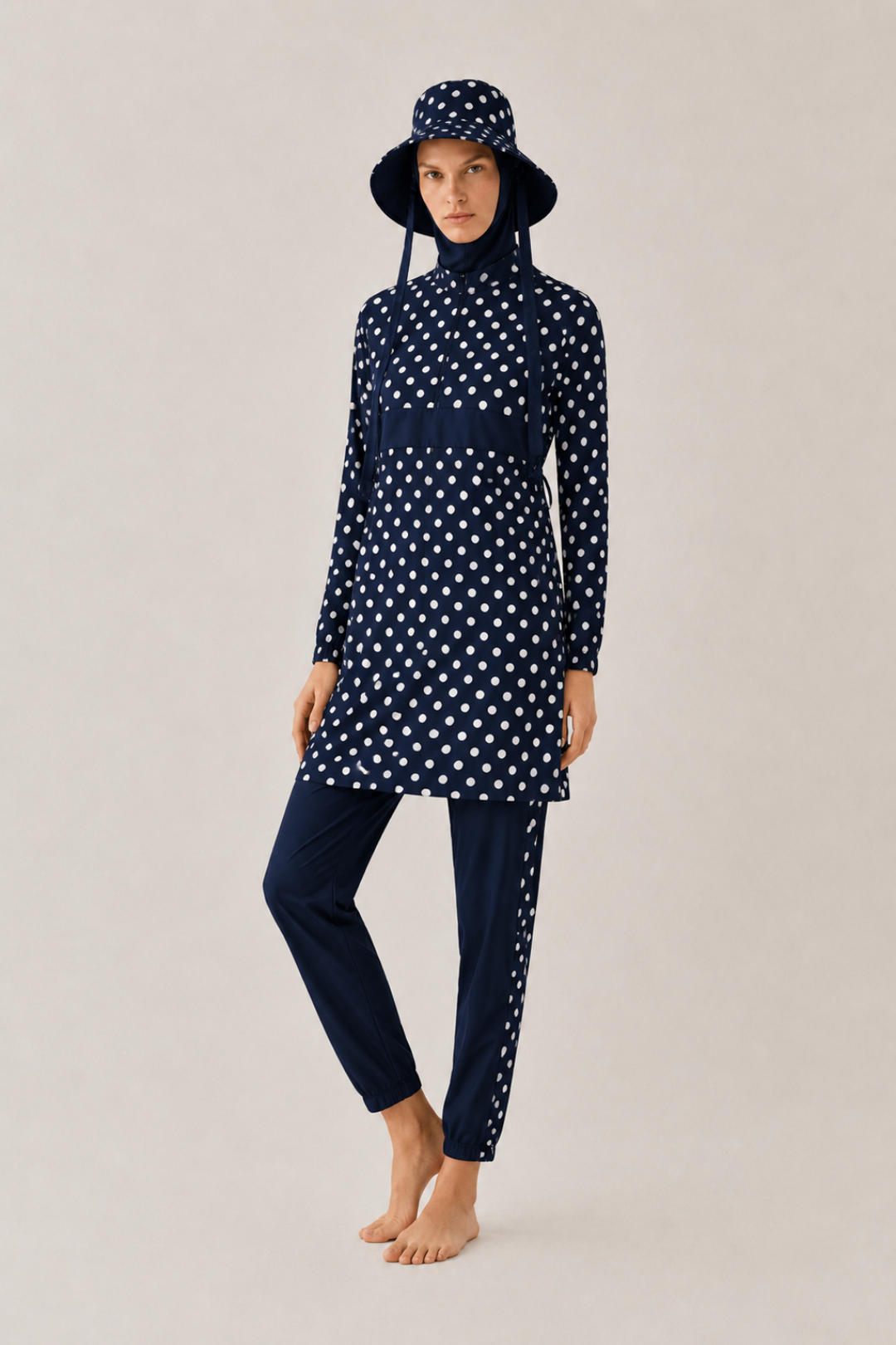 PEARL DOT | Beyaz Puantiyeli Lacivert Tesettür Mayo 5 li Set